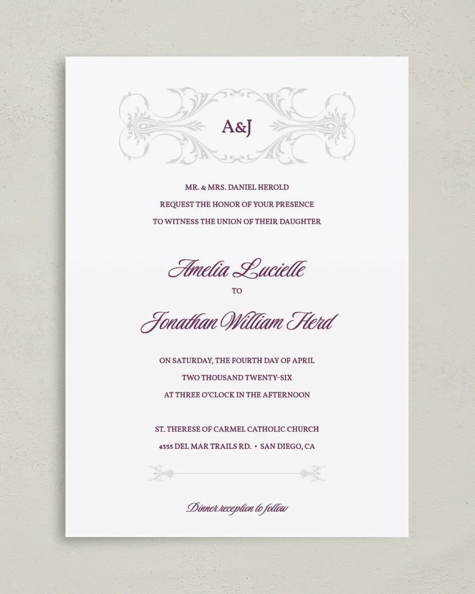 This is a 5" x 7" Classic Wedding Invitation called Stately Vow printed in full color on Premium Smooth paper
