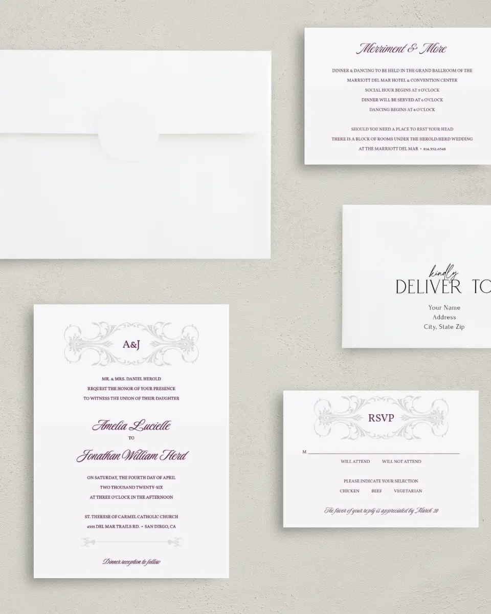This is a 5" x 7" Classic Wedding Invitation called Stately Vow printed in full color with Gold foil on Luxe Satin (coated) paper