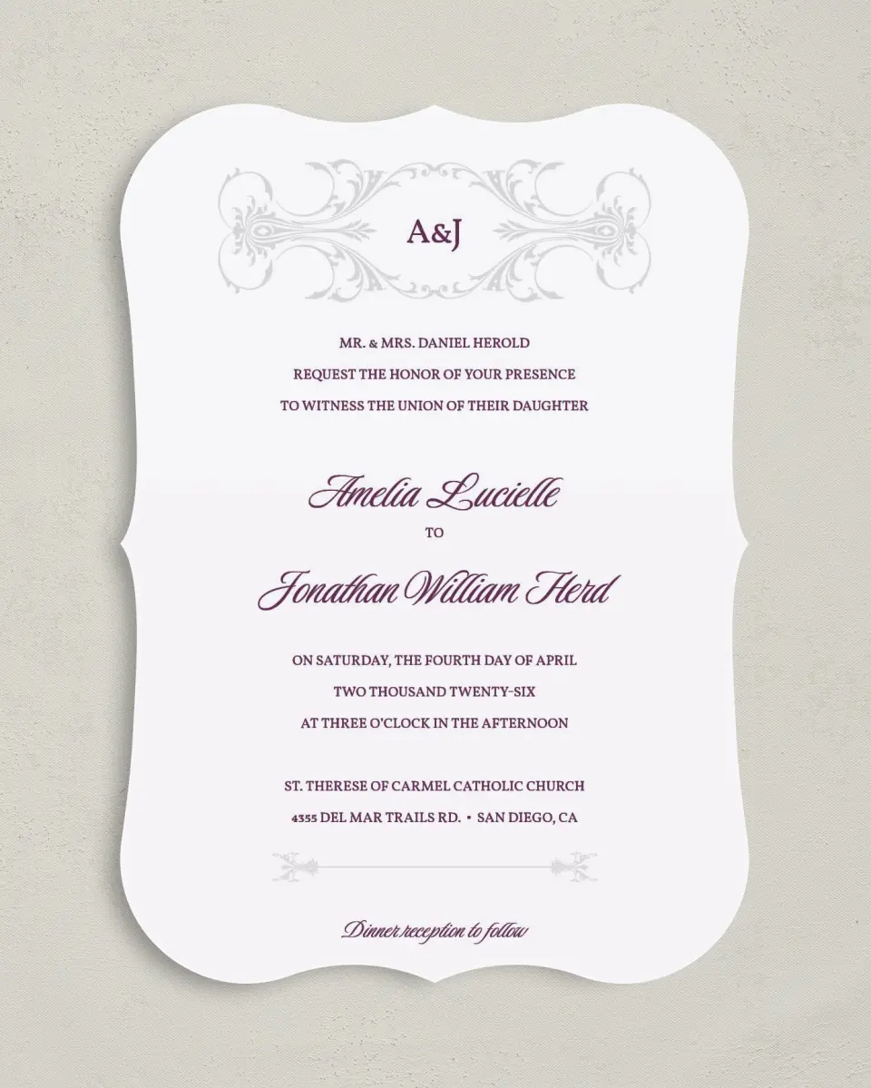 This is a 5" x 7" Bracket Wedding Invitation called Stately Vow printed in full color with Silver foil on Luxe Satin (coated) paper