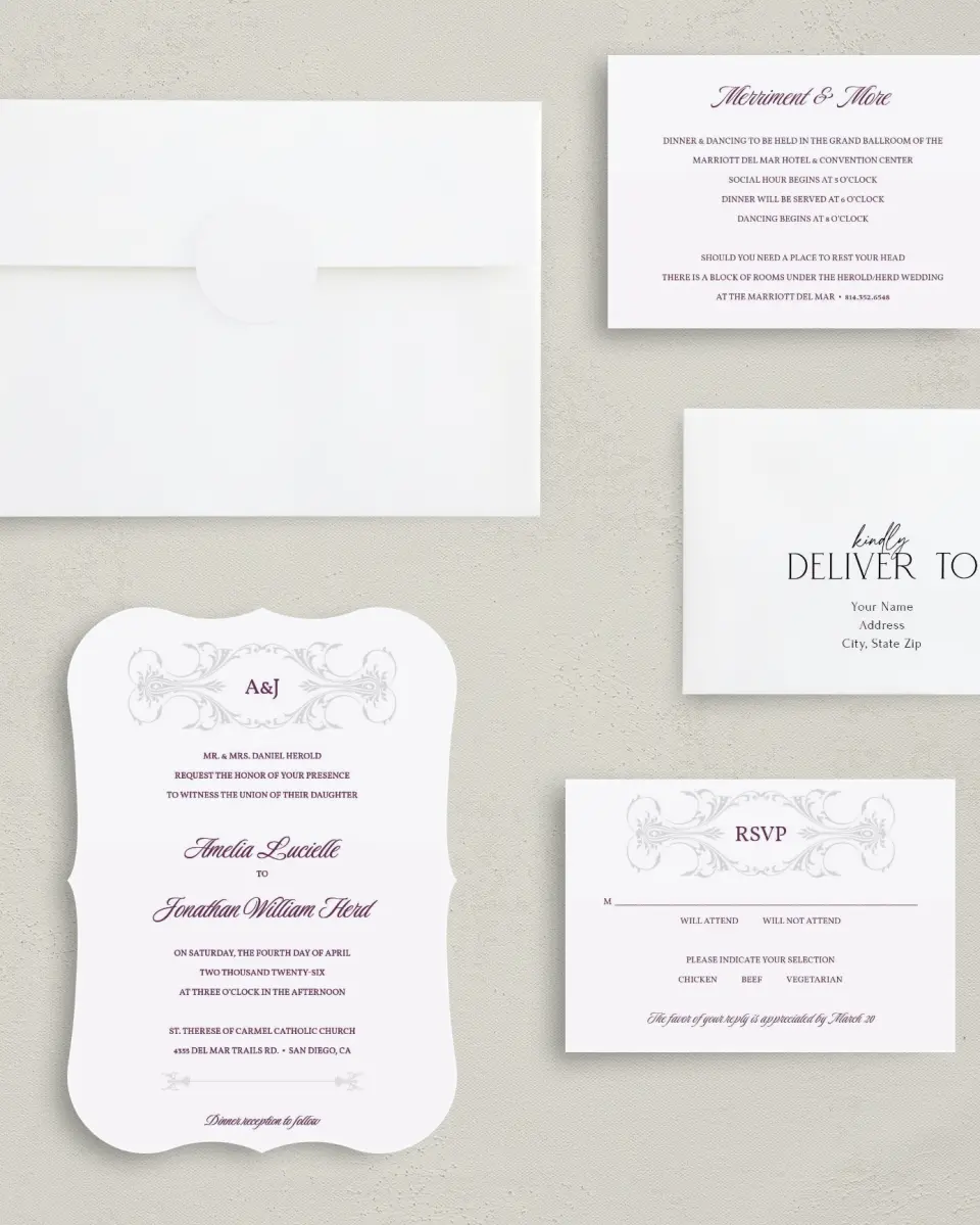 This is a 5" x 7" Bracket Wedding Invitation called Stately Vow printed in full color with Silver foil on Luxe Satin (coated) paper