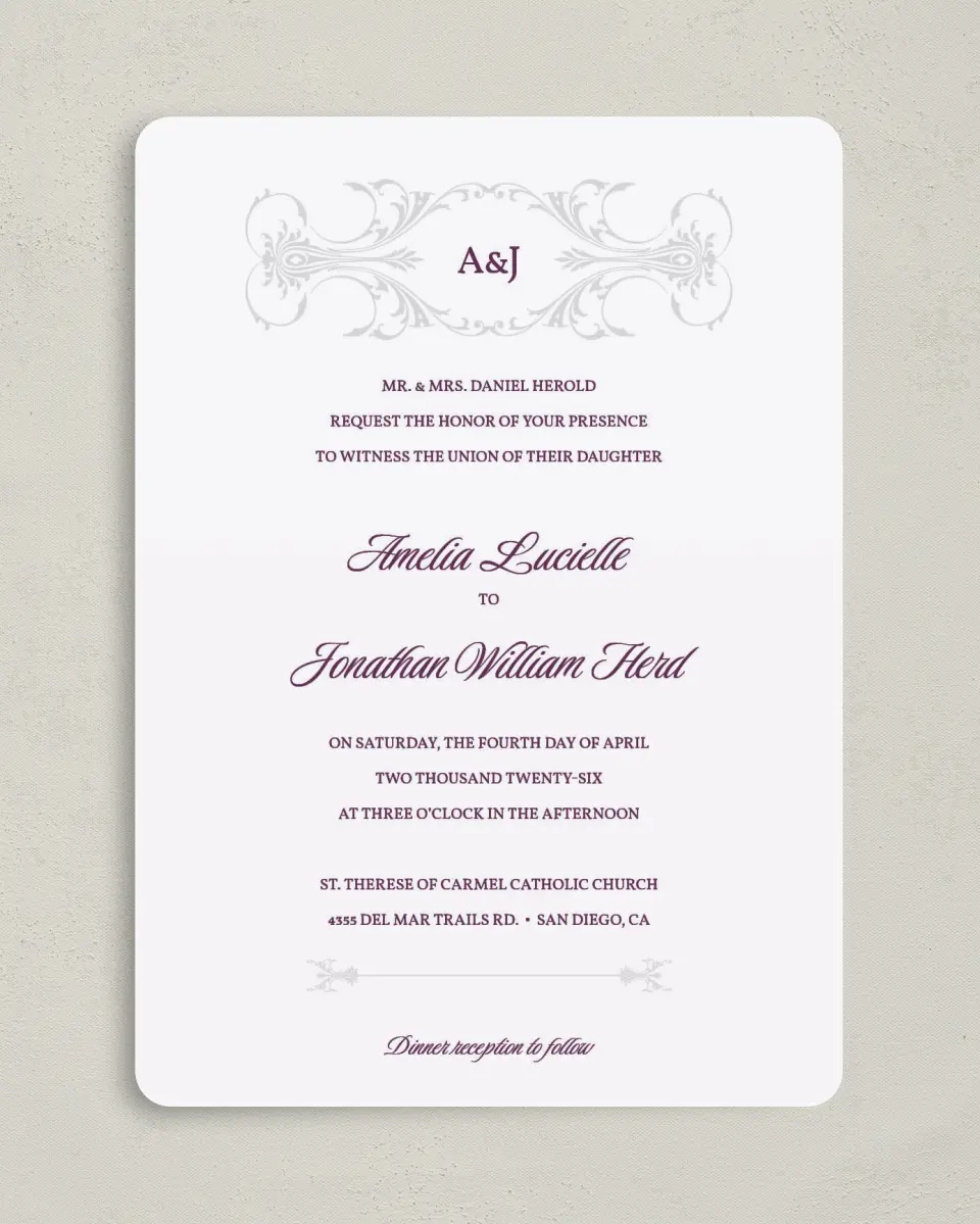 This is a 5" x 7" Rounded Wedding Invitation called Stately Vow printed in full color on Premium Smooth paper