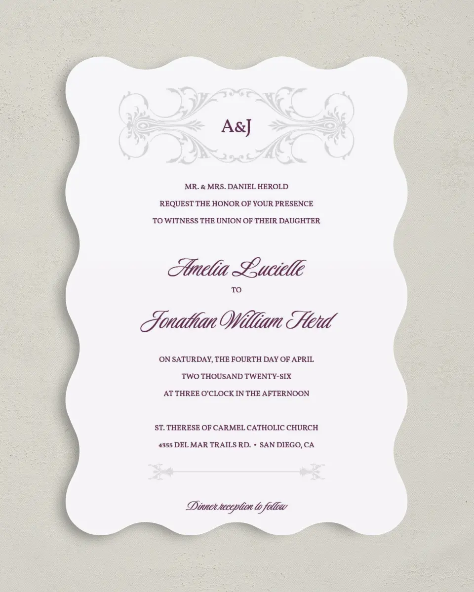 This is a 5" x 7" Wavy Wedding Invitation called Stately Vow printed in full color on Premium Smooth paper