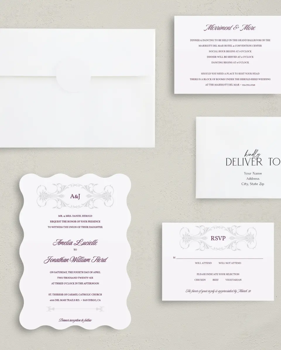 This is a 5" x 7" Wavy Wedding Invitation called Stately Vow printed in full color with Gold foil on Luxe Satin (coated) paper