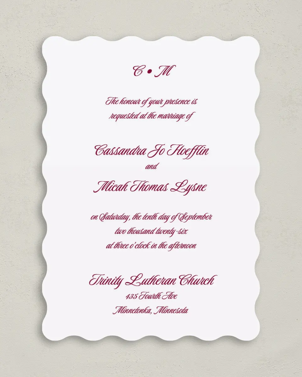 This is a 5" x 7" Wavy Wedding Invitation called Refined Union printed in full color on Premium Smooth paper
