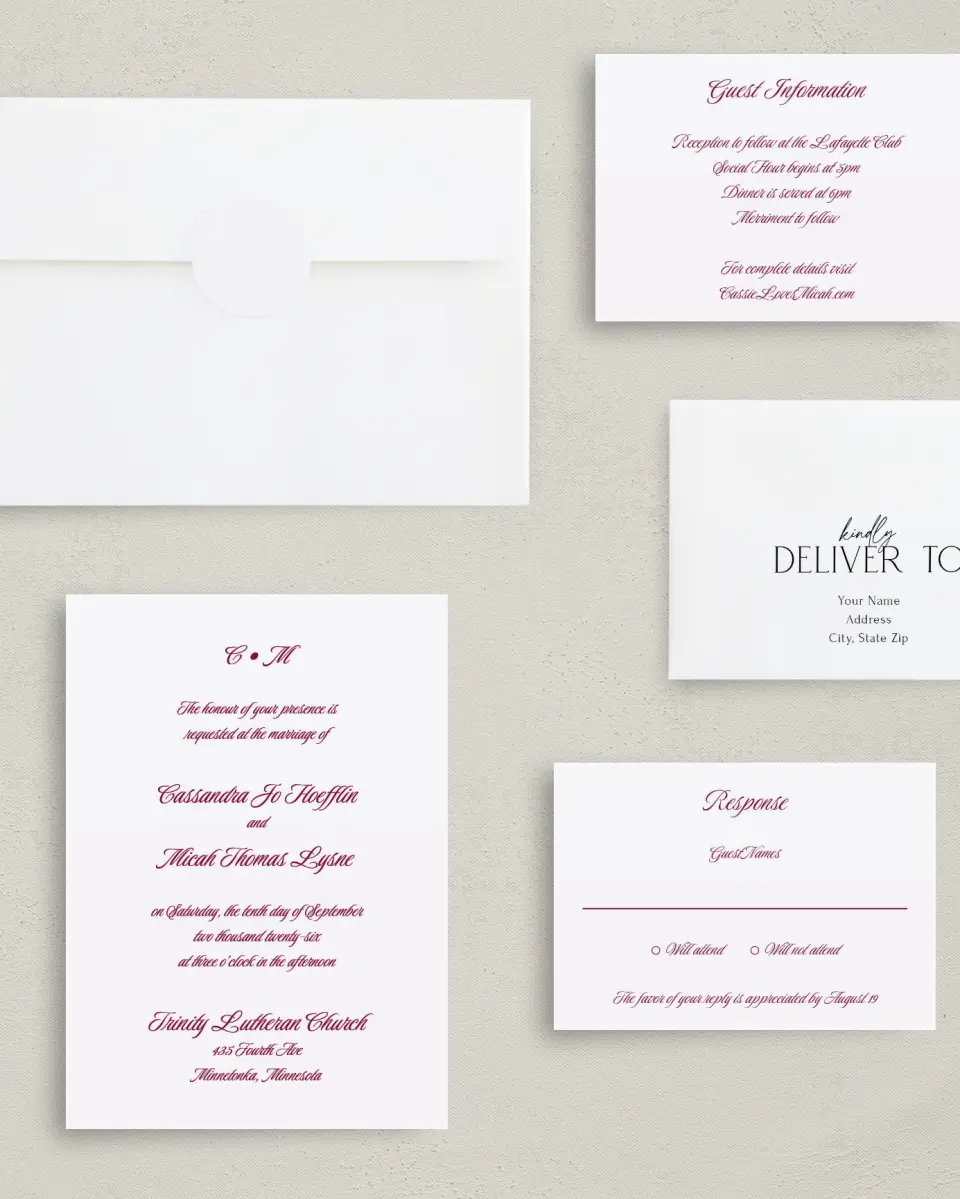 This is a 5" x 7" Classic Wedding Invitation called Refined Union printed in full color with Gold foil on Luxe Satin (coated) paper
