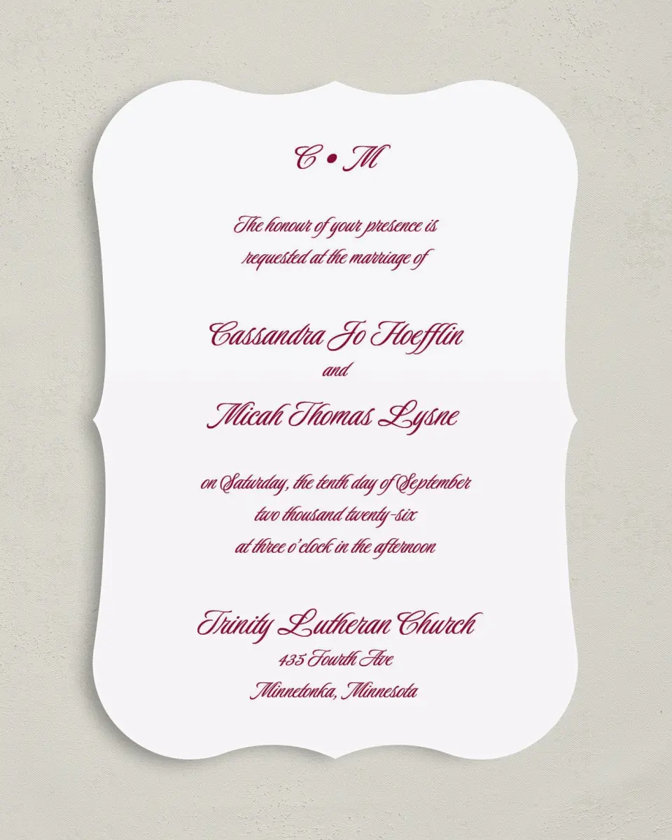 This is a 5" x 7" Bracket Wedding Invitation called Refined Union printed in full color with Silver foil on Luxe Satin (coated) paper