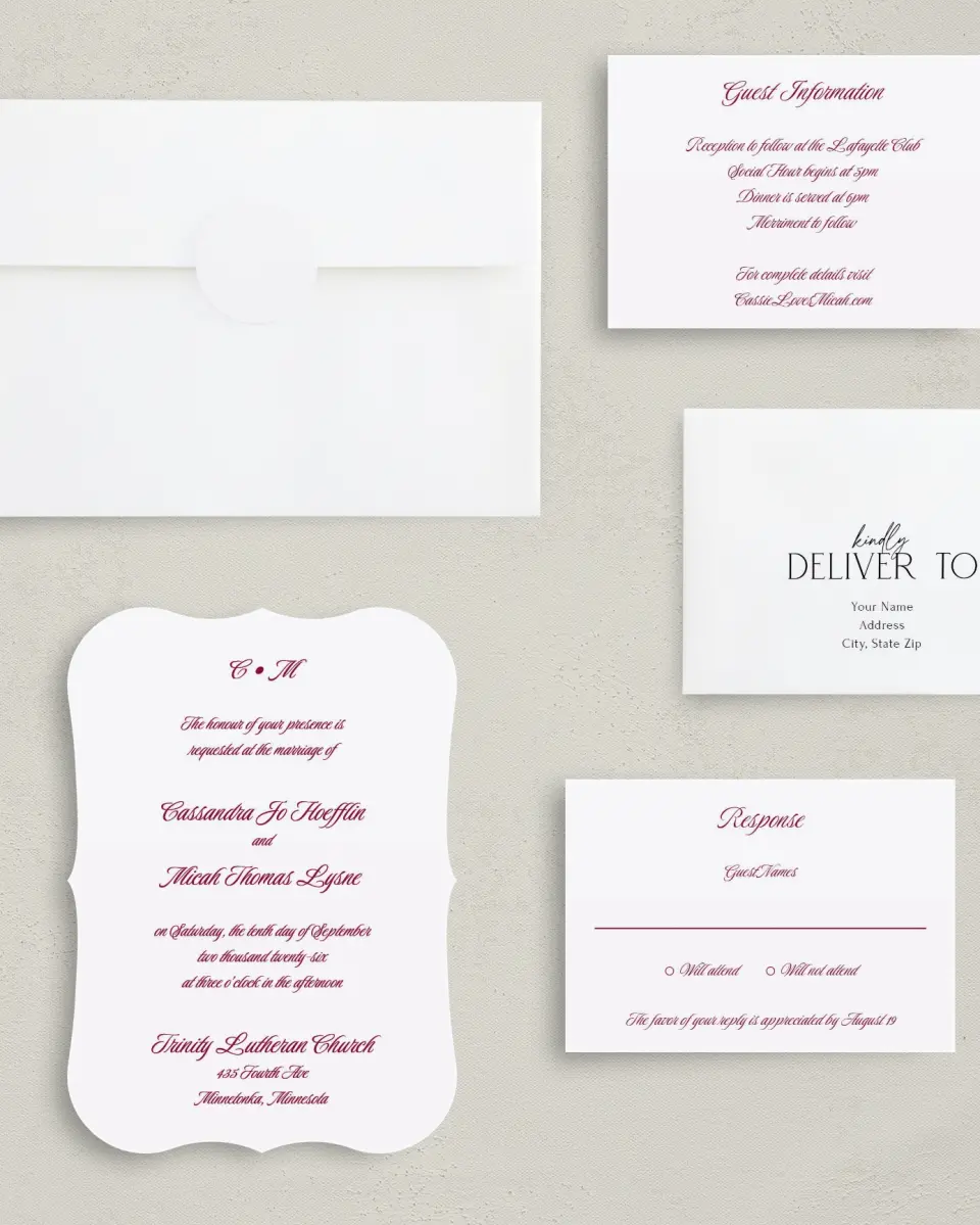 This is a 5" x 7" Bracket Wedding Invitation called Refined Union printed in full color with Silver foil on Luxe Satin (coated) paper