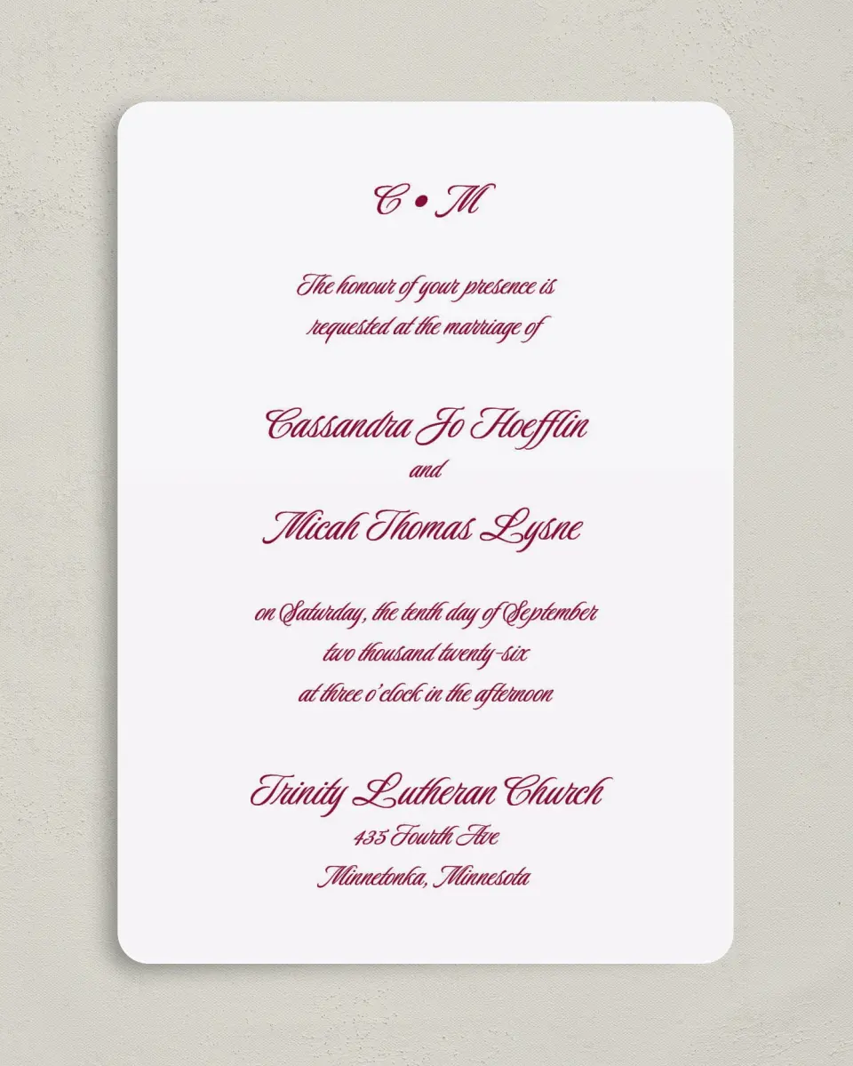 This is a 5" x 7" Rounded Wedding Invitation called Refined Union printed in full color on Premium Smooth paper