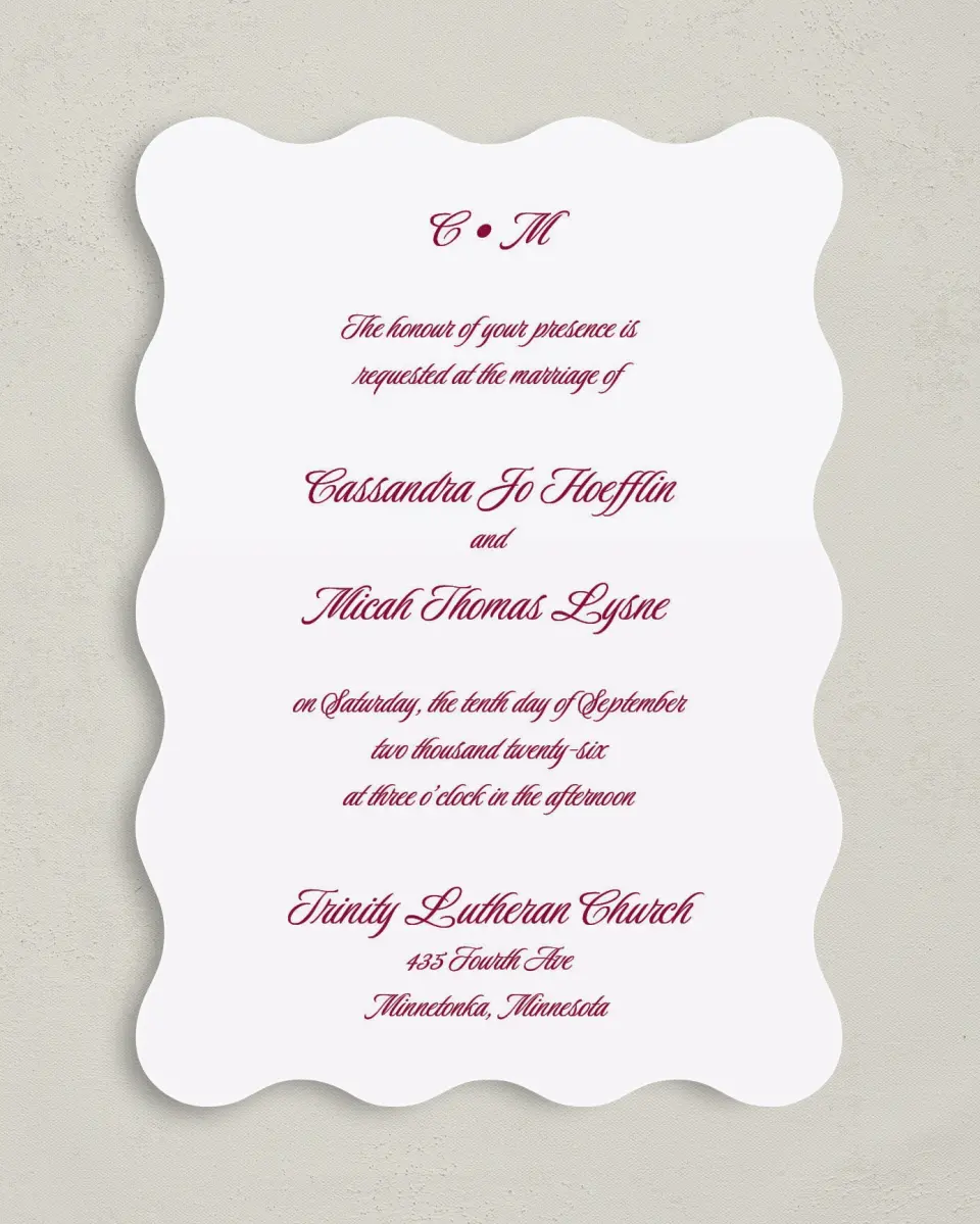 This is a 5" x 7" Wavy Wedding Invitation called Refined Union printed in full color on Premium Smooth paper