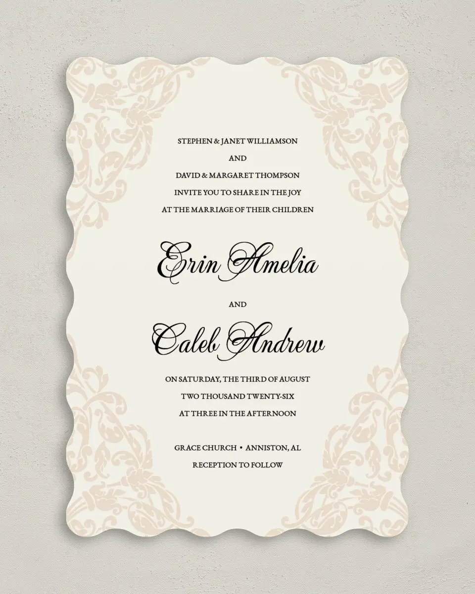 This is a 5" x 7" Wavy Wedding Invitation called Gilded Grace printed in full color on Premium Smooth paper