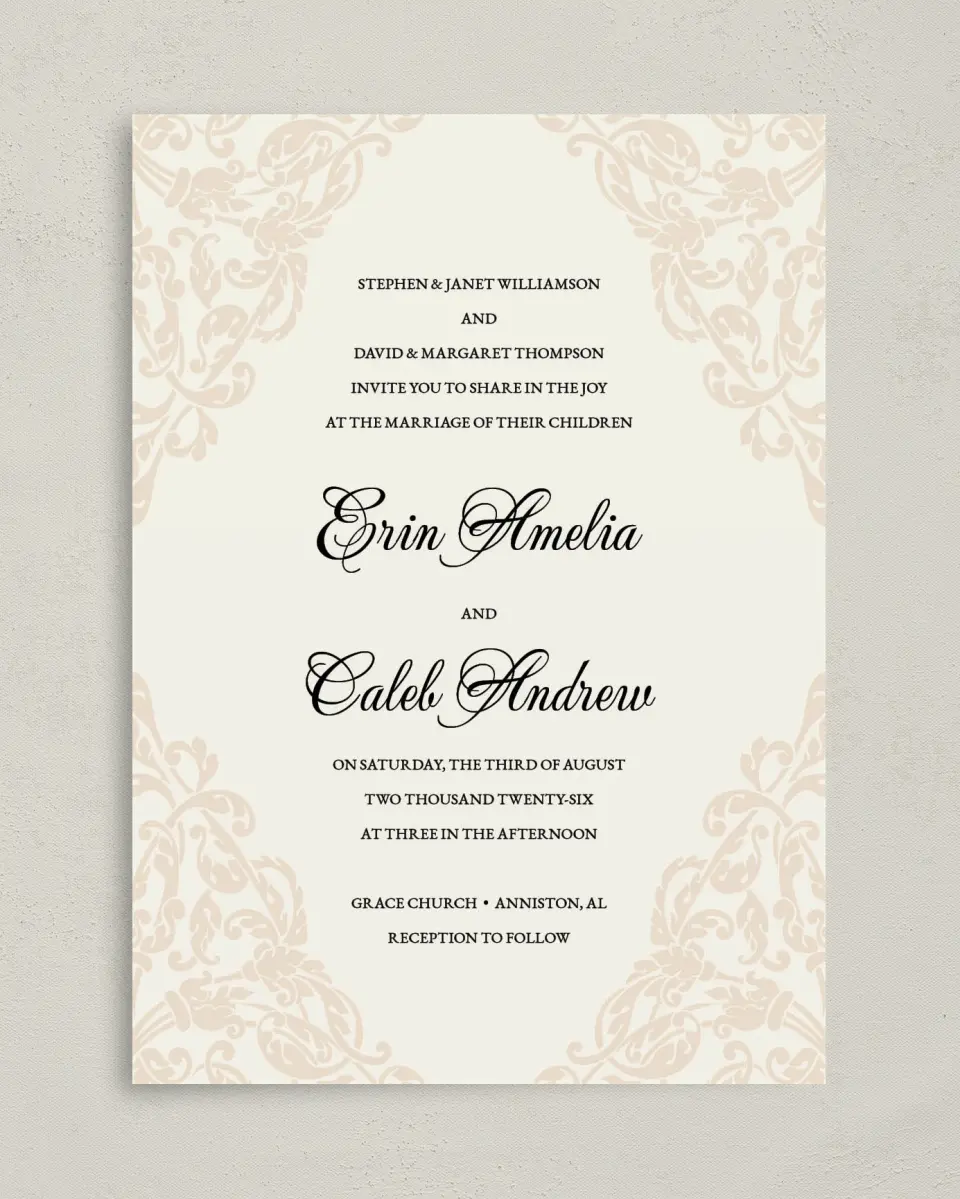 This is a 5" x 7" Classic Wedding Invitation called Gilded Grace printed in full color on Premium Smooth paper