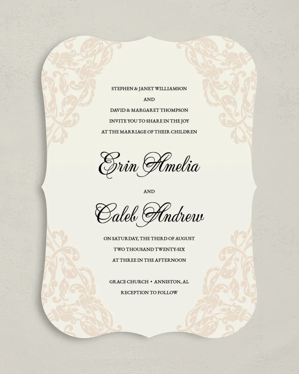This is a 5" x 7" Bracket Wedding Invitation called Gilded Grace printed in full color with Silver foil on Luxe Satin (coated) paper