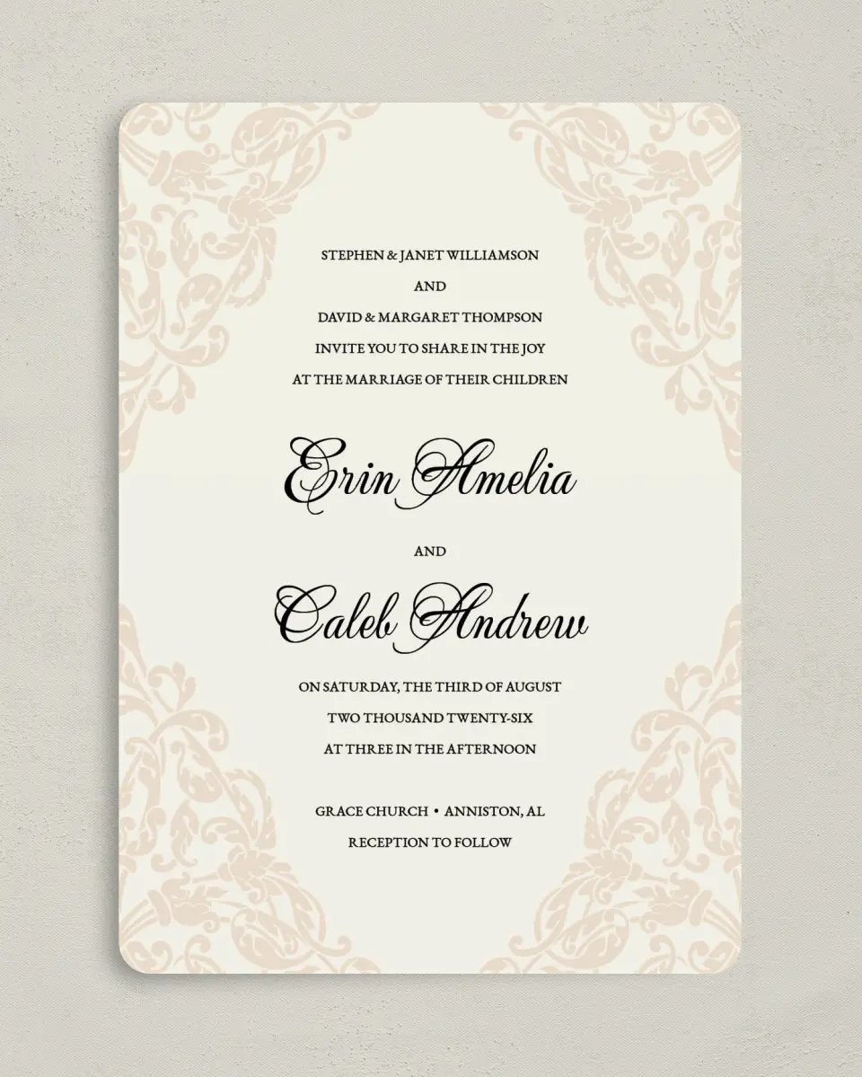 This is a 5" x 7" Rounded Wedding Invitation called Gilded Grace printed in full color on Premium Smooth paper
