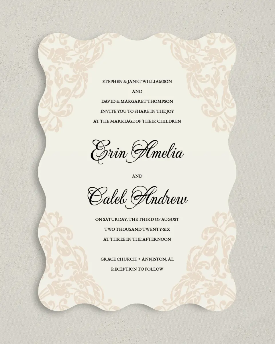This is a 5" x 7" Wavy Wedding Invitation called Gilded Grace printed in full color on Premium Smooth paper