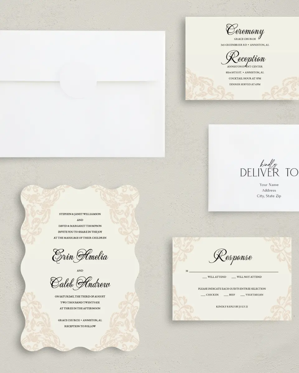 This is a 5" x 7" Wavy Wedding Invitation called Gilded Grace printed in full color with Gold foil on Luxe Satin (coated) paper