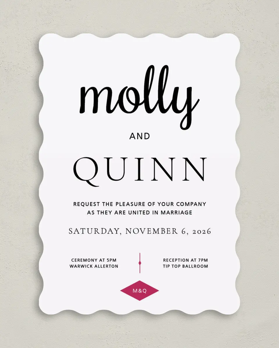 This is a 5" x 7" Wavy Wedding Invitation called Darling Type printed in full color on Premium Smooth paper