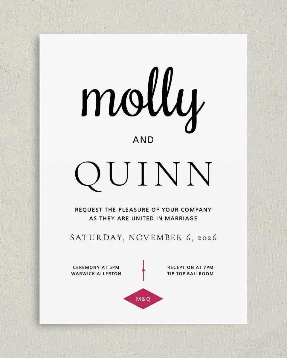 This is a 5" x 7" Classic Wedding Invitation called Darling Type printed in full color with Gold foil on Luxe Satin (coated) paper
