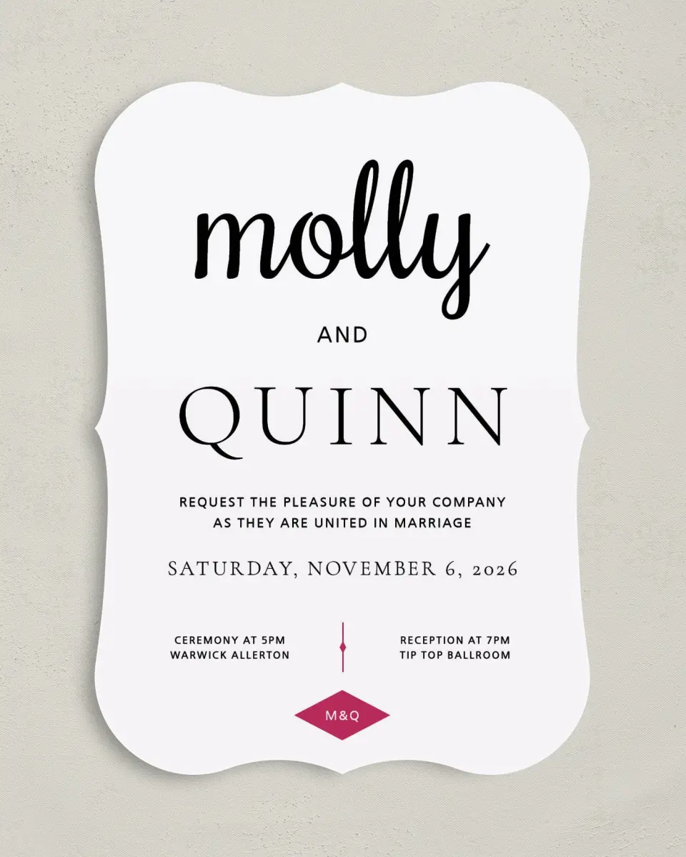 This is a 5" x 7" Bracket Wedding Invitation called Darling Type printed in full color with Silver foil on Luxe Satin (coated) paper