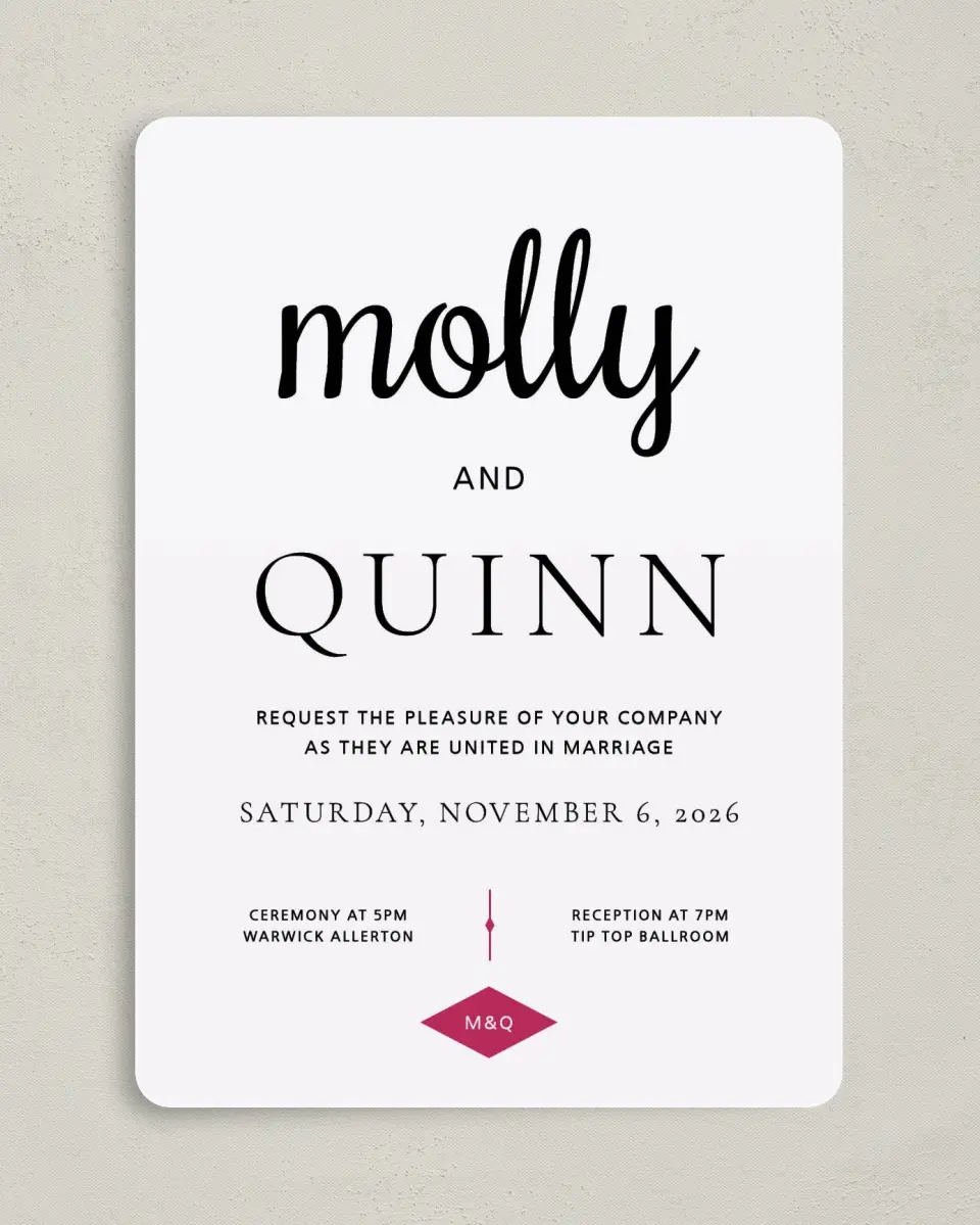 This is a 5" x 7" Rounded Wedding Invitation called Darling Type printed in full color on Premium Smooth paper