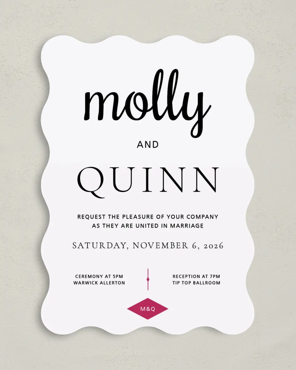 This is a 5" x 7" Wavy Wedding Invitation called Darling Type printed in full color on Premium Smooth paper