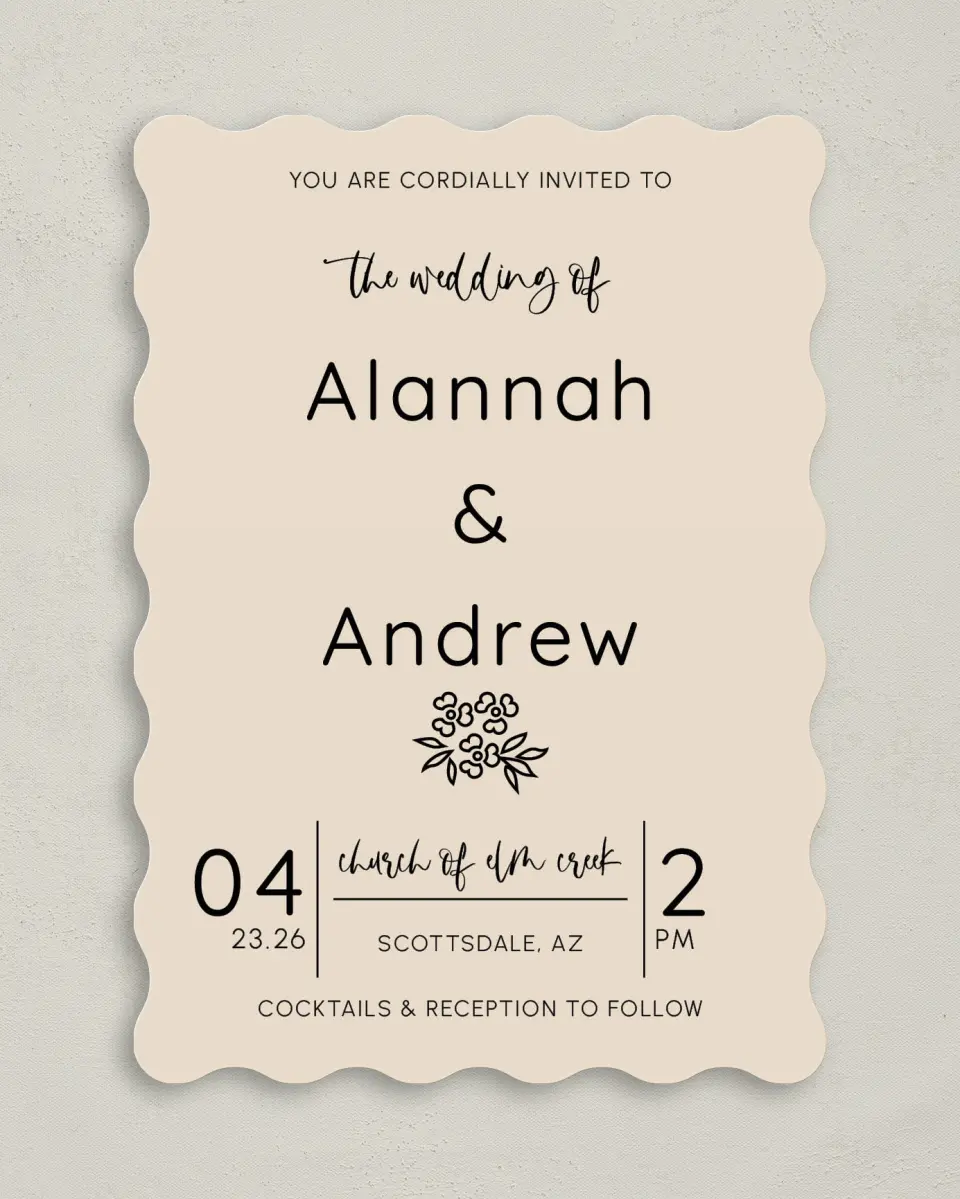 This is a 5" x 7" Wavy Wedding Invitation called Simple Garden printed in full color on Premium Smooth paper