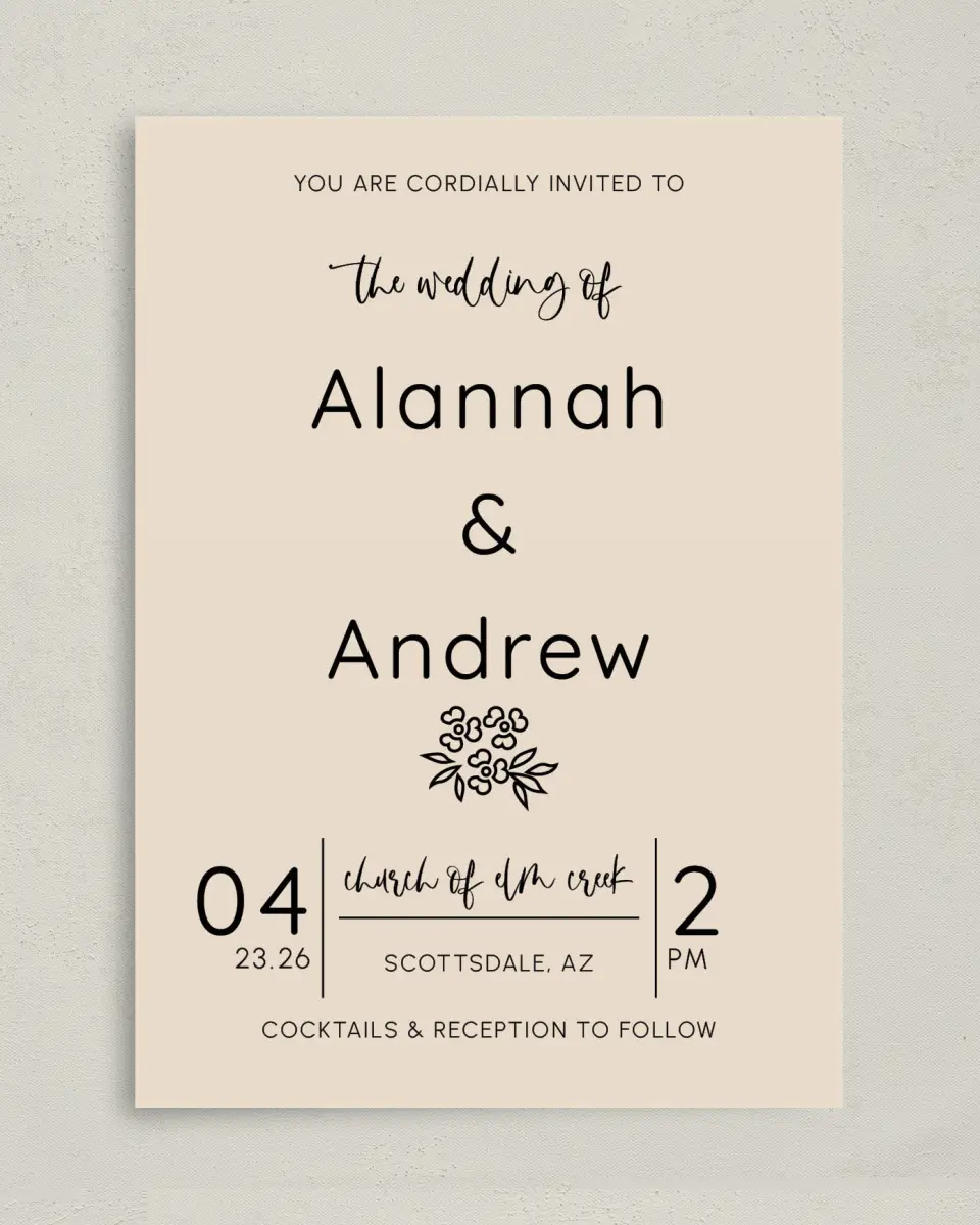 This is a 5" x 7" Classic Wedding Invitation called Simple Garden printed in full color with Gold foil on Luxe Satin (coated) paper