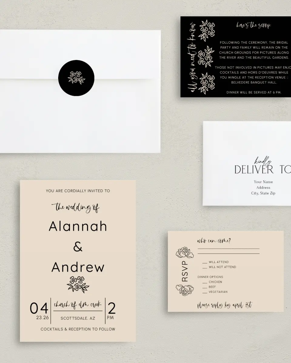 This is a 5" x 7" Classic Wedding Invitation called Simple Garden printed in full color with Gold foil on Luxe Satin (coated) paper