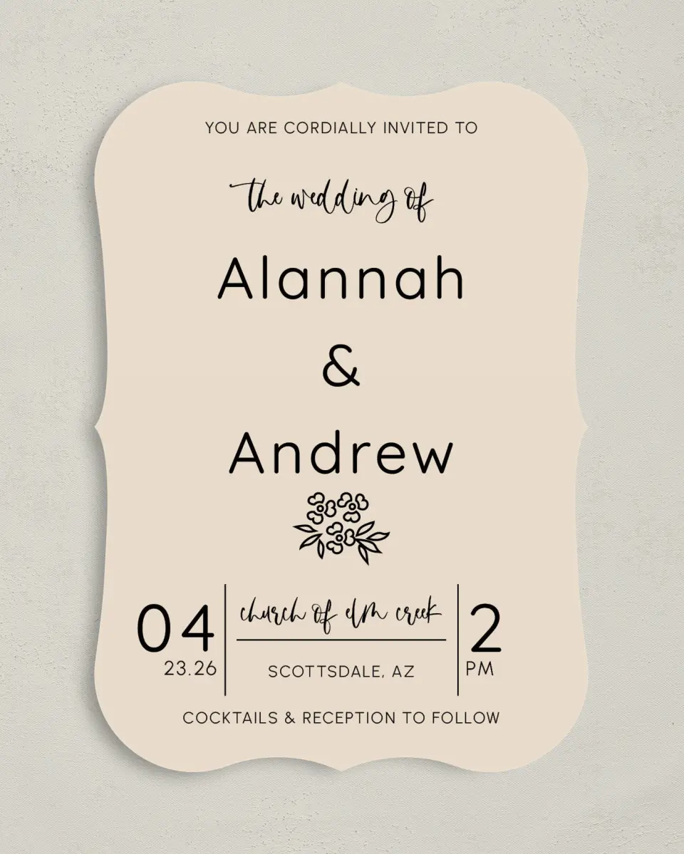 This is a 5" x 7" Bracket Wedding Invitation called Simple Garden printed in full color with Silver foil on Luxe Satin (coated) paper