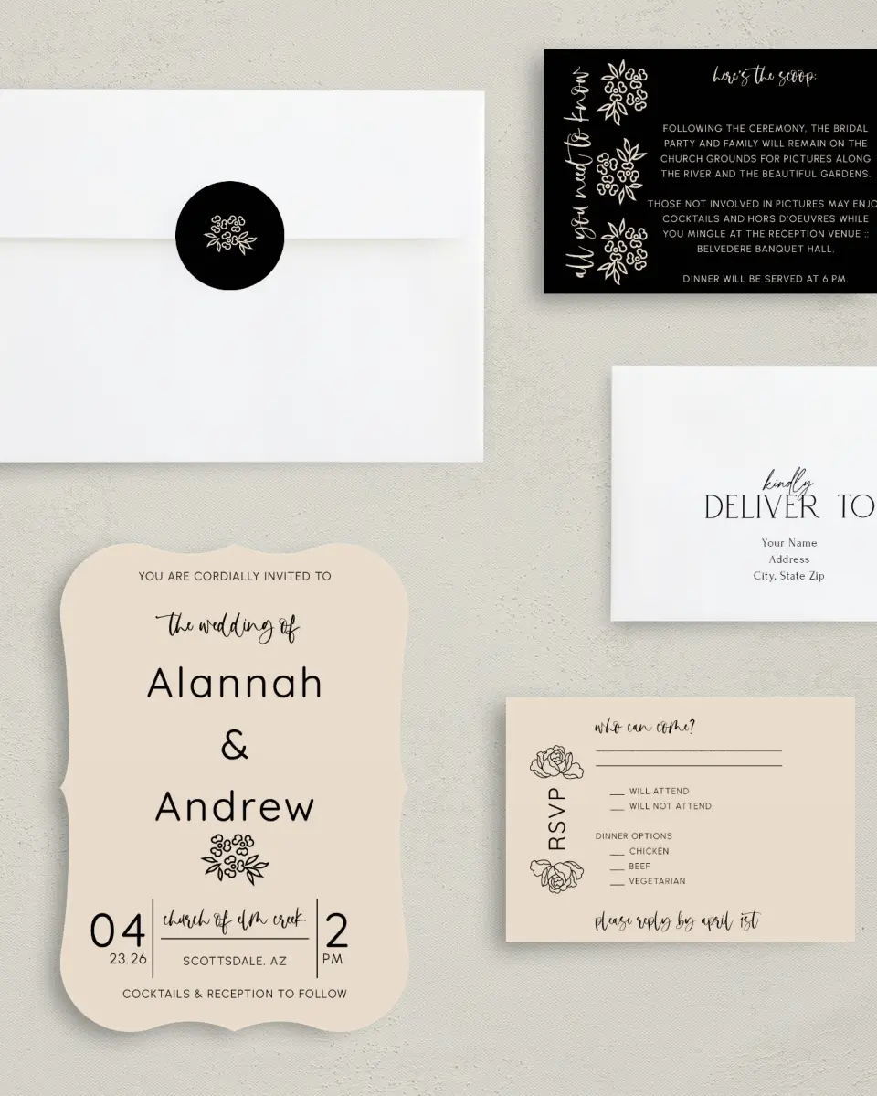 This is a 5" x 7" Bracket Wedding Invitation called Simple Garden printed in full color with Silver foil on Luxe Satin (coated) paper