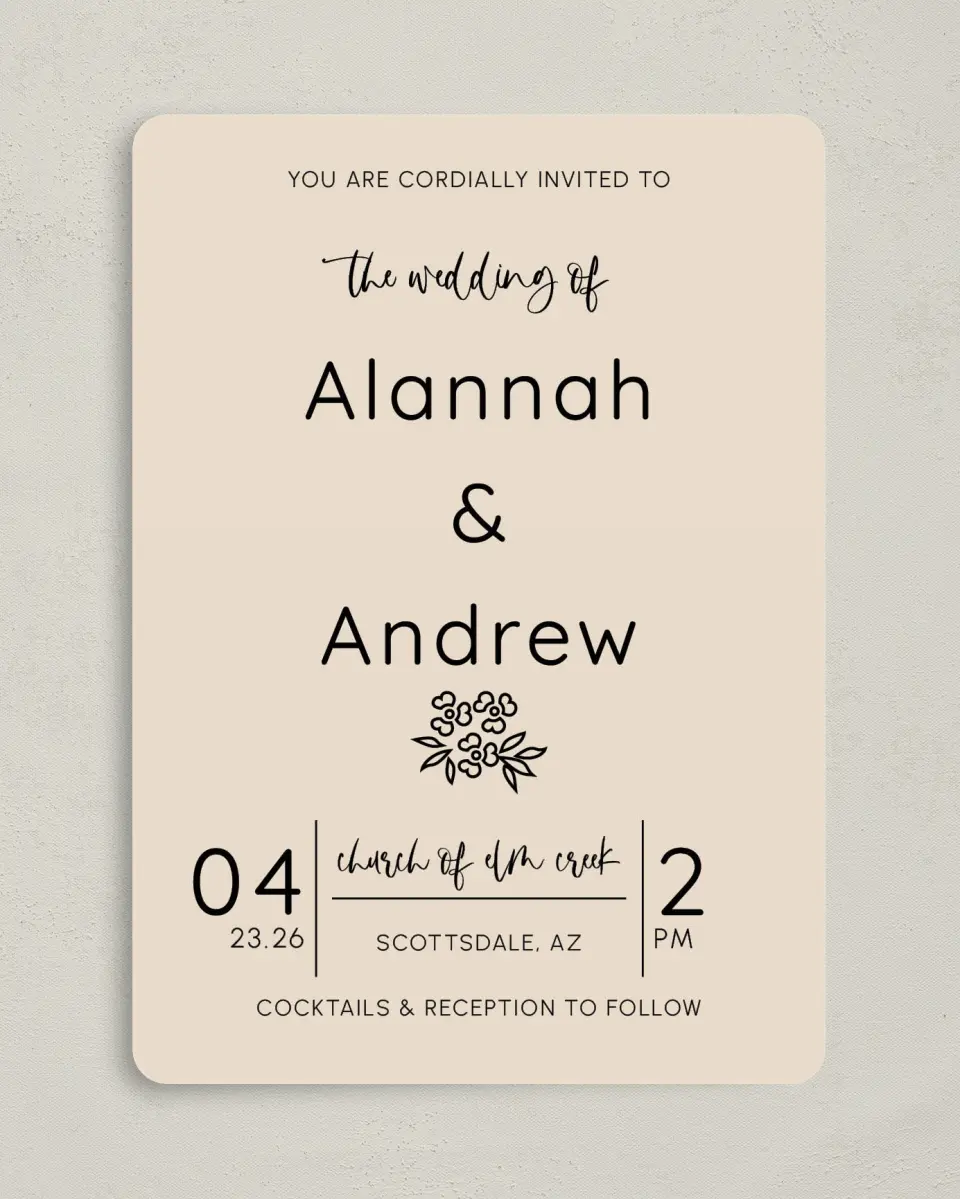 This is a 5" x 7" Rounded Wedding Invitation called Simple Garden printed in full color with Gold foil on Luxe Satin (coated) paper