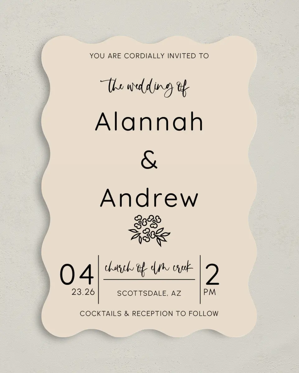 This is a 5" x 7" Wavy Wedding Invitation called Simple Garden printed in full color on Premium Smooth paper