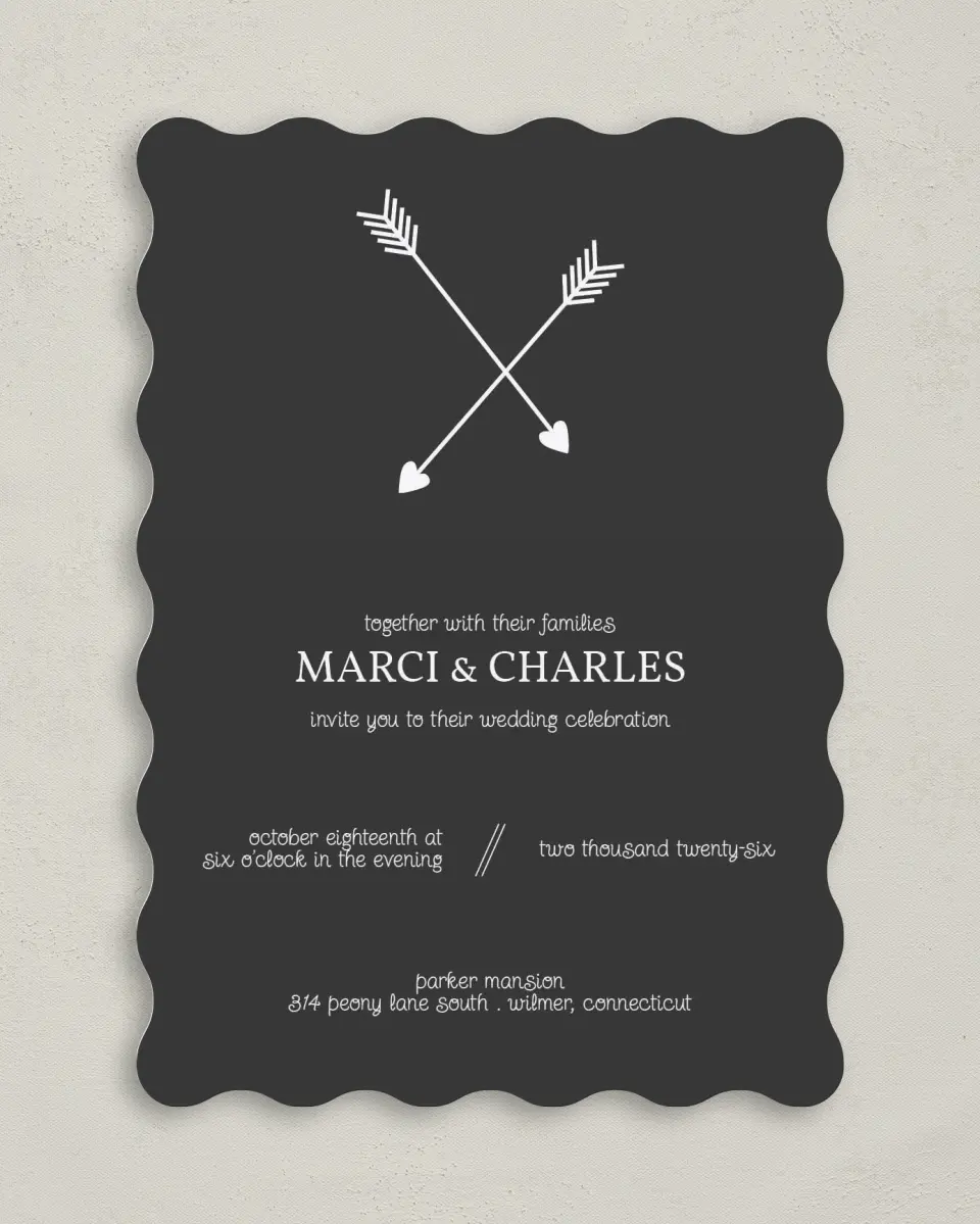 This is a 5" x 7" Wavy Wedding Invitation called Cross My Heart printed in full color on Premium Smooth paper