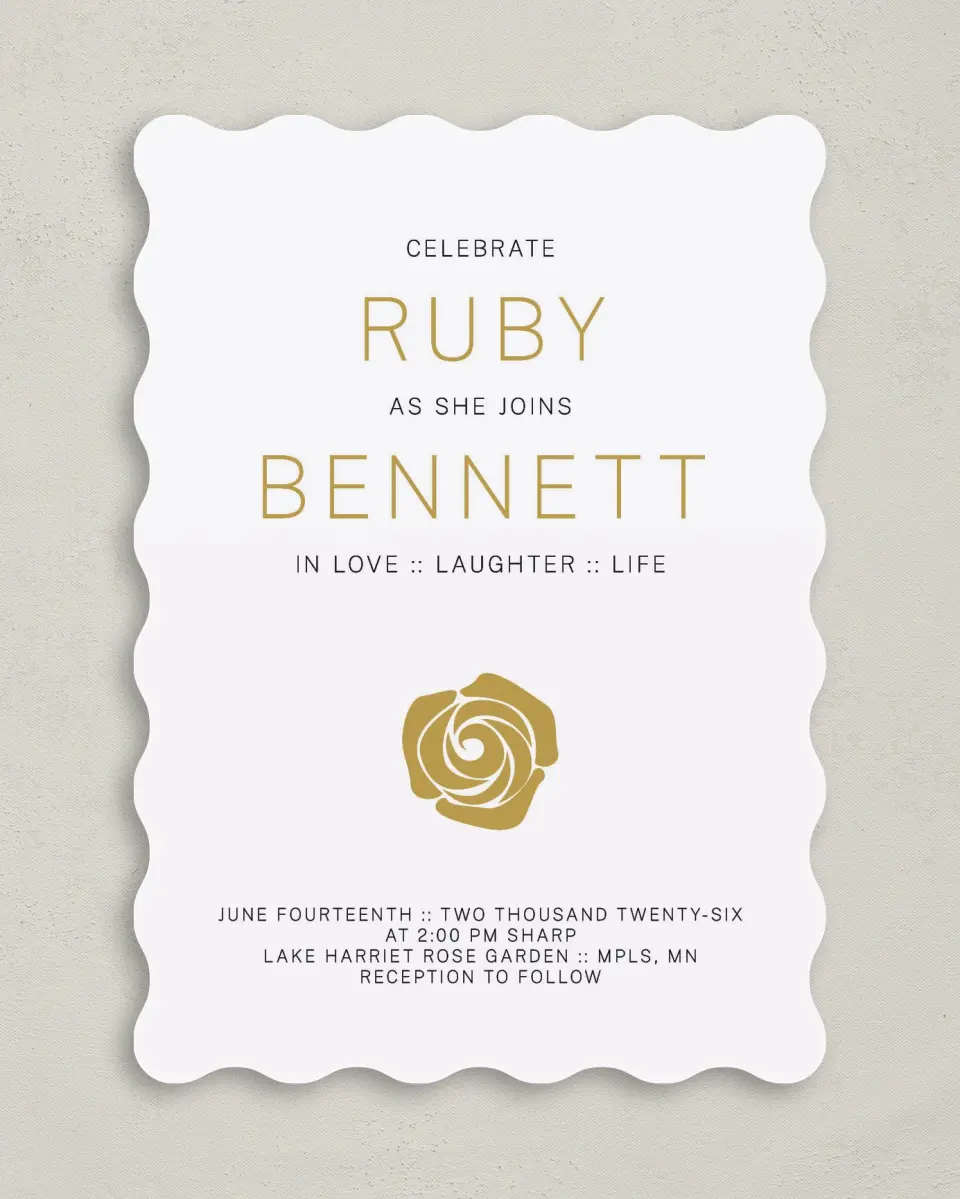 This is a 5" x 7" Wavy Wedding Invitation called Ravishing Rose printed in full color on Premium Smooth paper