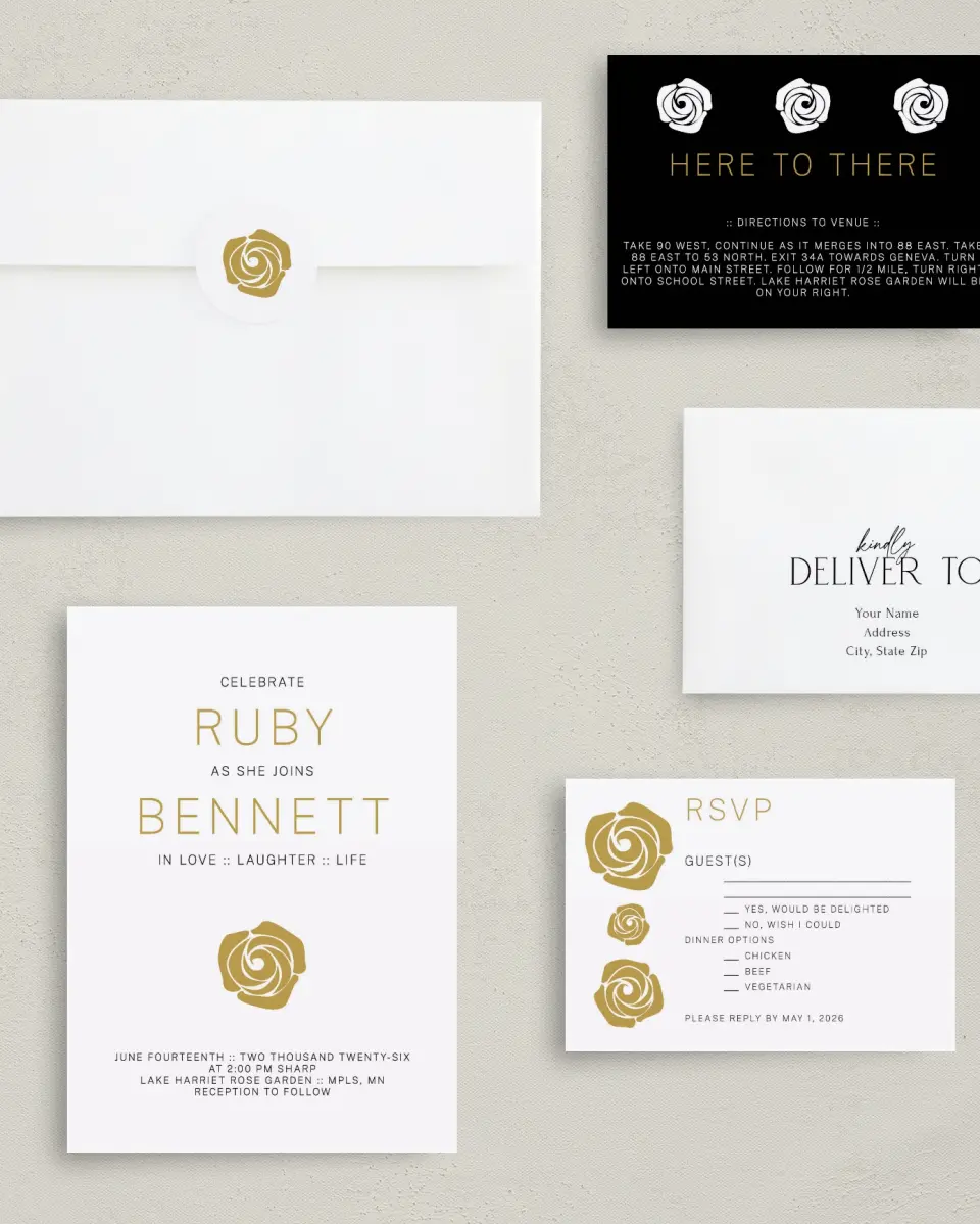 This is a 5" x 7" Classic Wedding Invitation called Ravishing Rose printed in full color with Gold foil on Luxe Satin (coated) paper