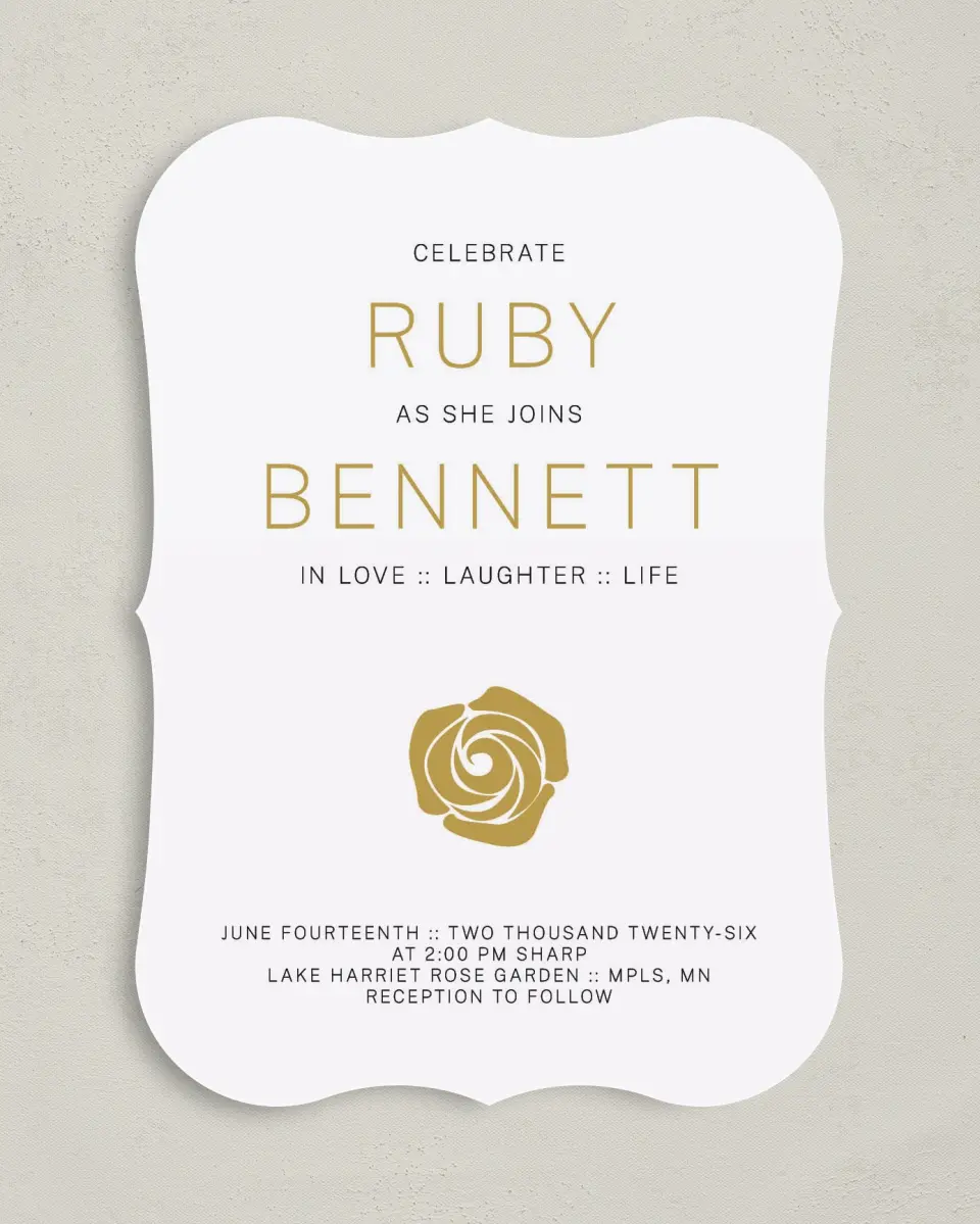 This is a 5" x 7" Bracket Wedding Invitation called Ravishing Rose printed in full color with Silver foil on Luxe Satin (coated) paper