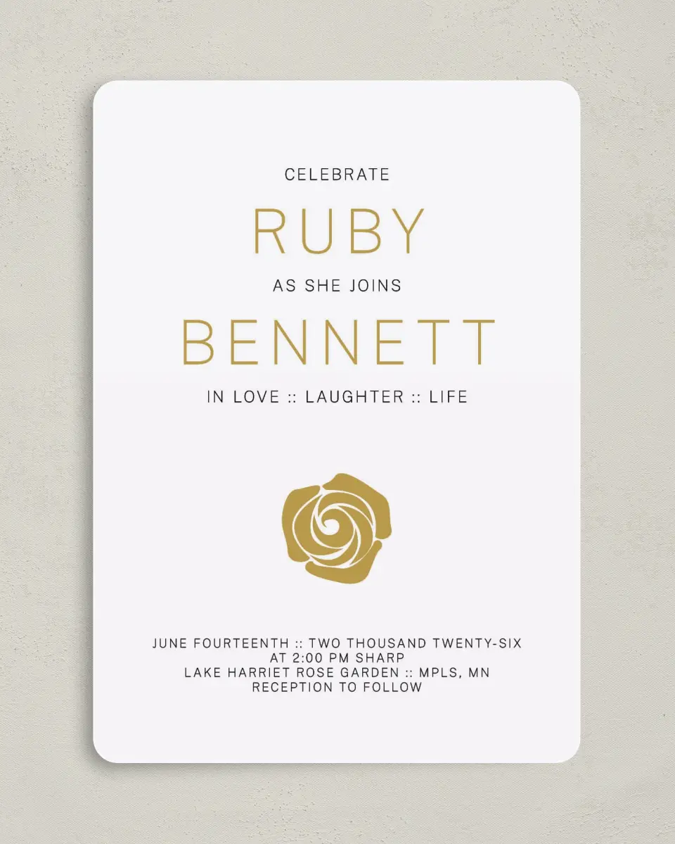 This is a 5" x 7" Rounded Wedding Invitation called Ravishing Rose printed in full color on Premium Smooth paper