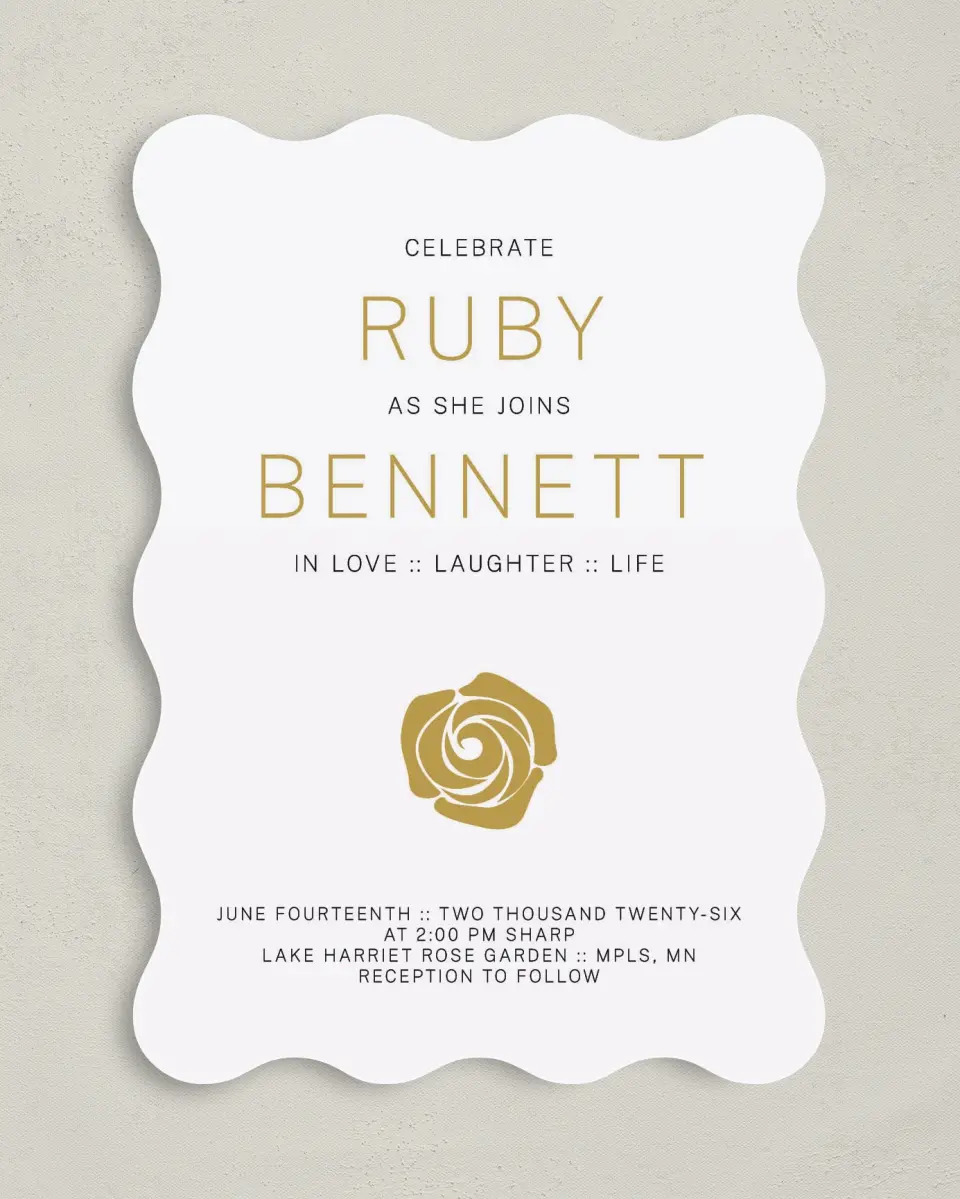 This is a 5" x 7" Wavy Wedding Invitation called Ravishing Rose printed in full color on Premium Smooth paper
