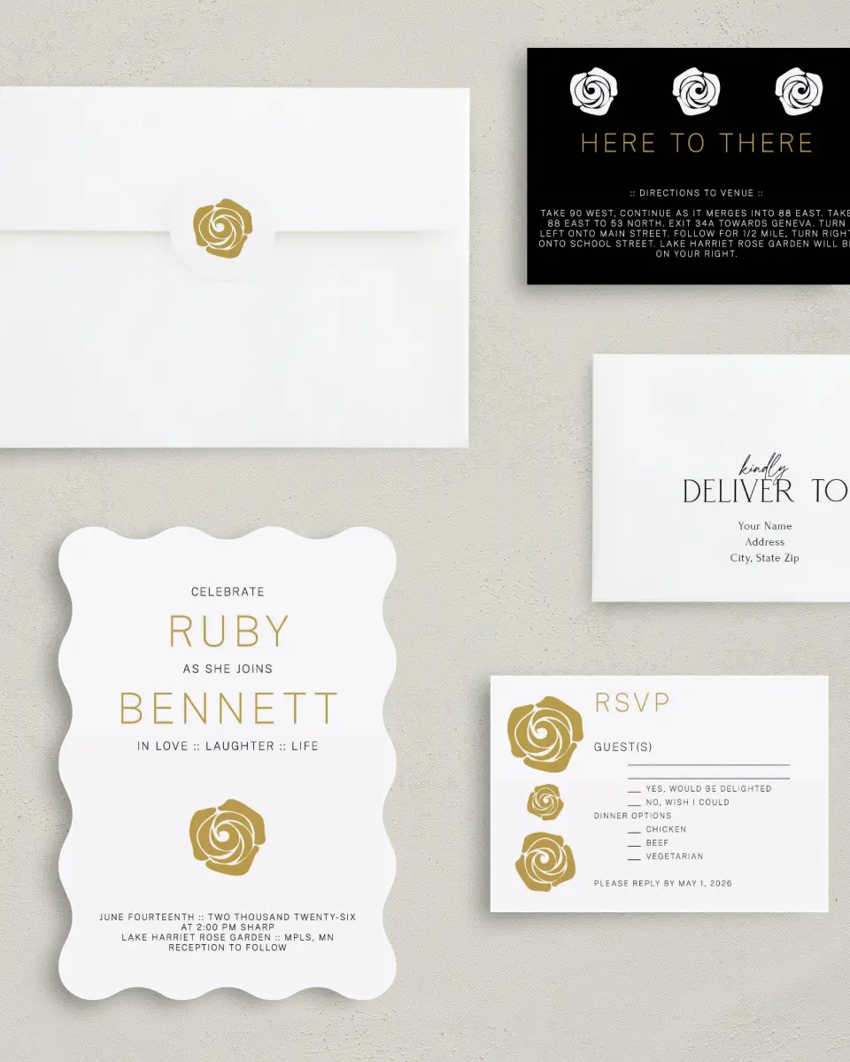 This is a 5" x 7" Wavy Wedding Invitation called Ravishing Rose printed in full color with Gold foil on Luxe Satin (coated) paper