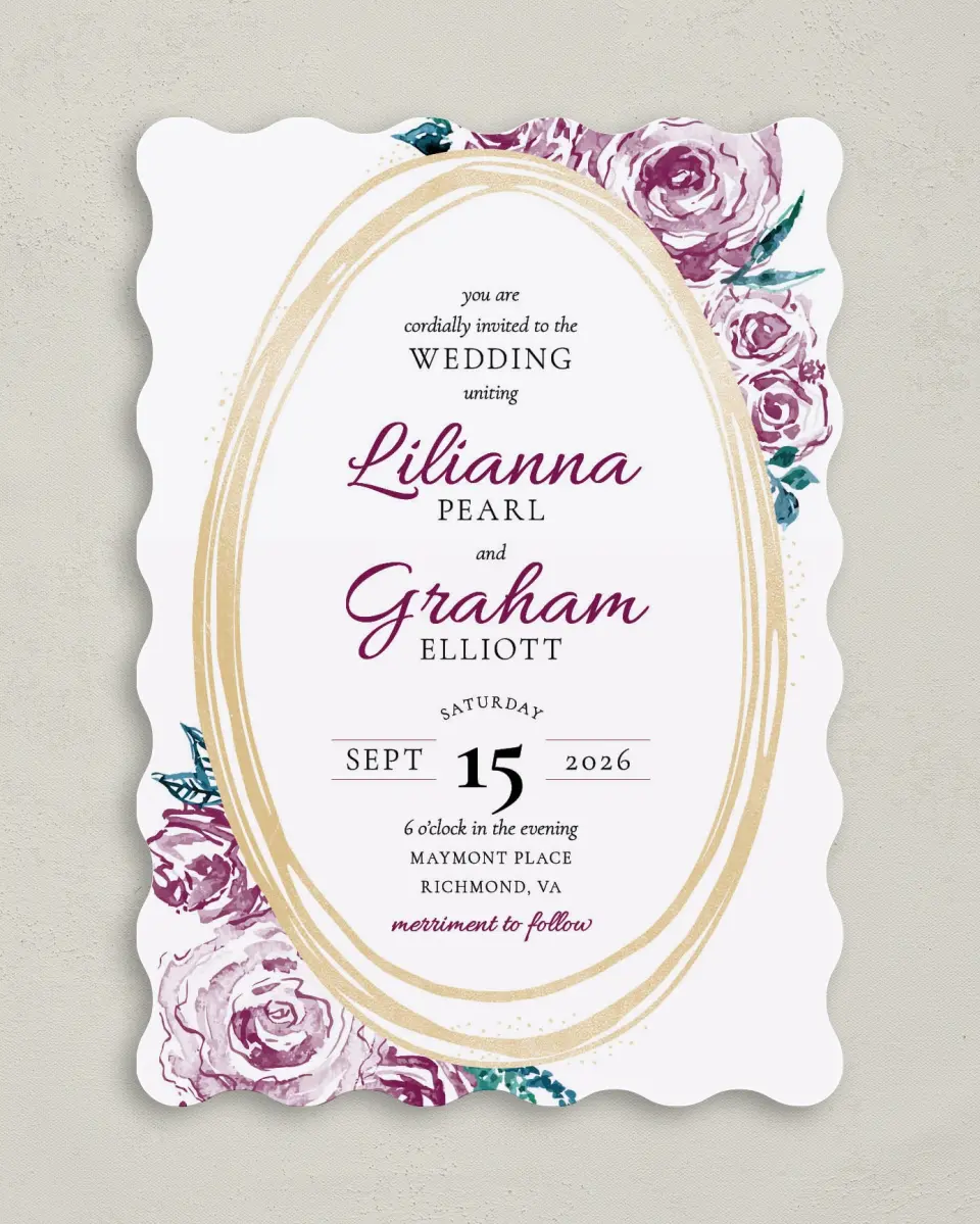 This is a 5" x 7" Wavy Wedding Invitation called Enchanted Bliss printed in full color on Premium Smooth paper