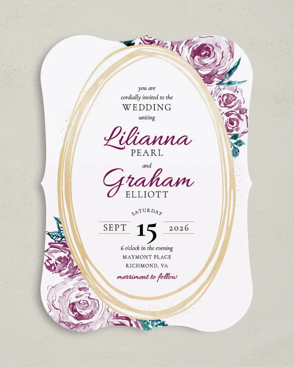 This is a 5" x 7" Bracket Wedding Invitation called Enchanted Bliss printed in full color on Premium Smooth paper