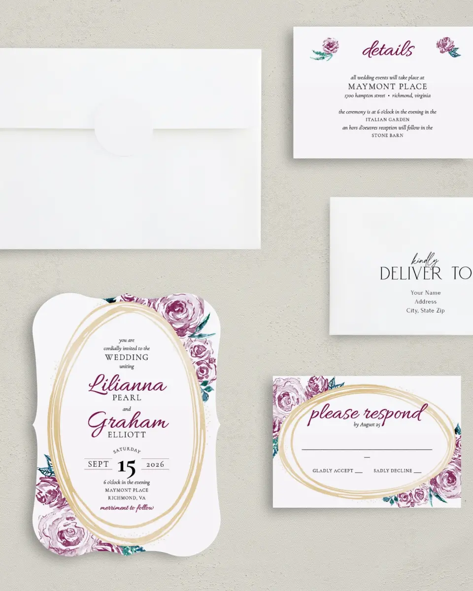 This is a 5" x 7" Bracket Wedding Invitation called Enchanted Bliss printed in full color on Premium Smooth paper