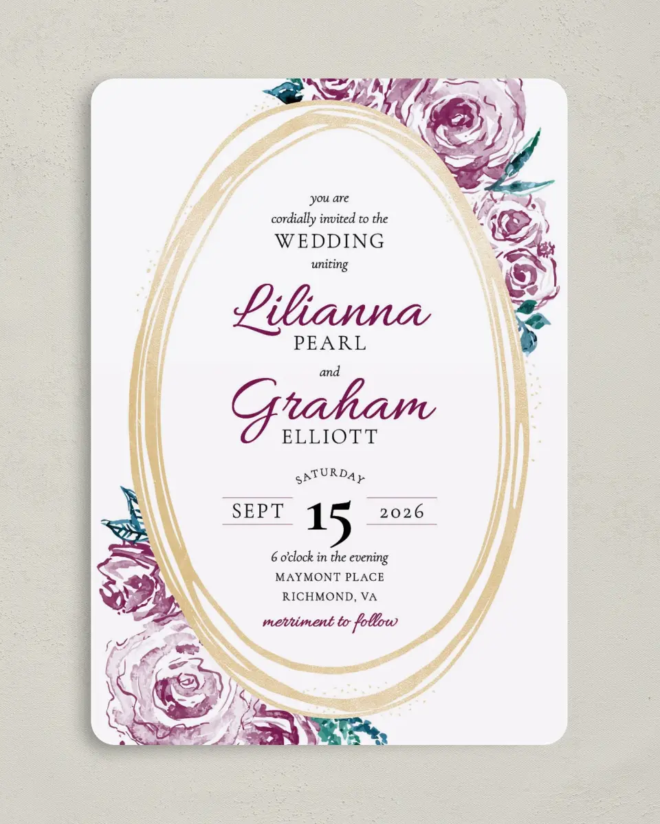 This is a 5" x 7" Rounded Wedding Invitation called Enchanted Bliss printed in full color on Premium Smooth paper