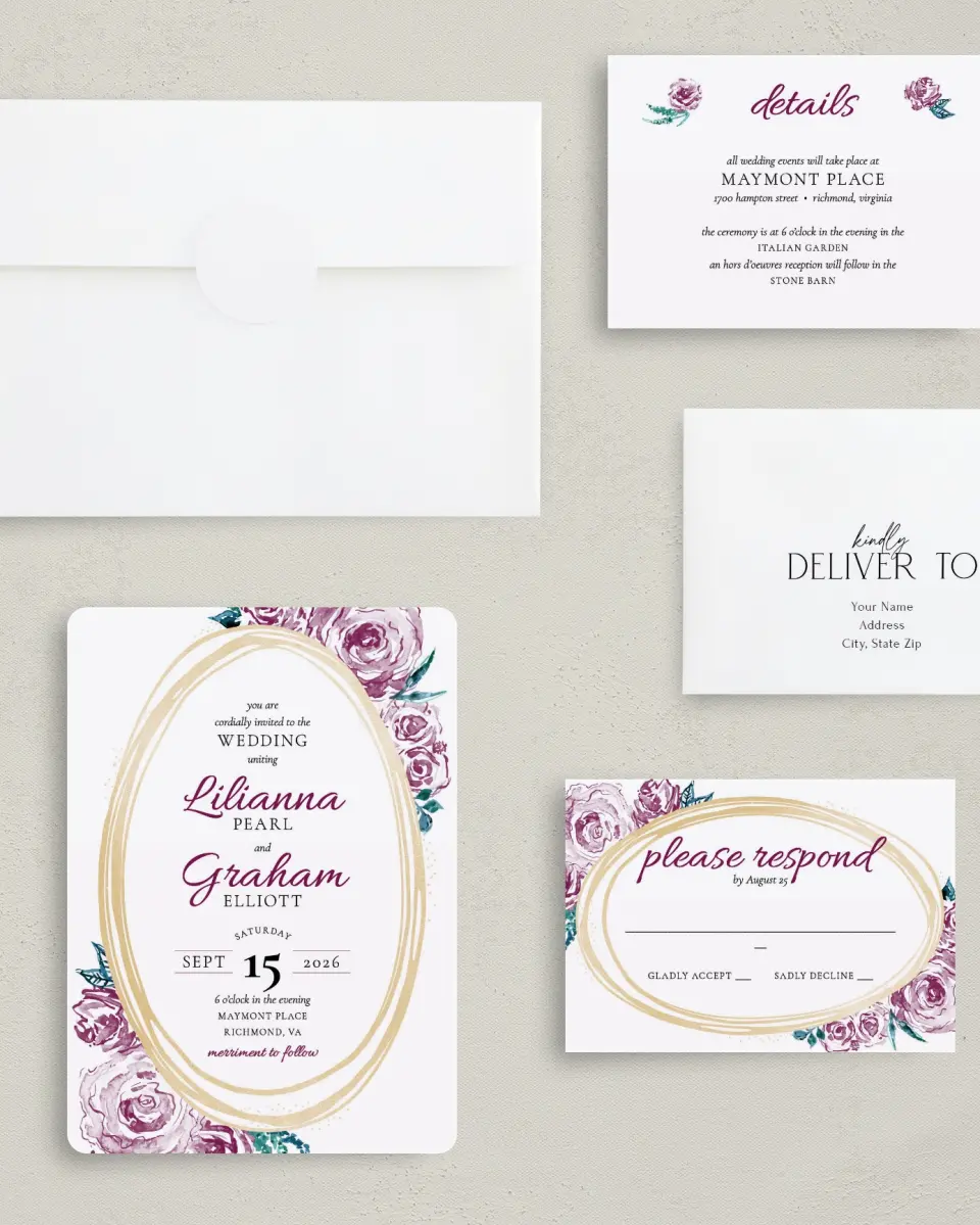 This is a 5" x 7" Rounded Wedding Invitation called Enchanted Bliss printed in full color on Premium Smooth paper