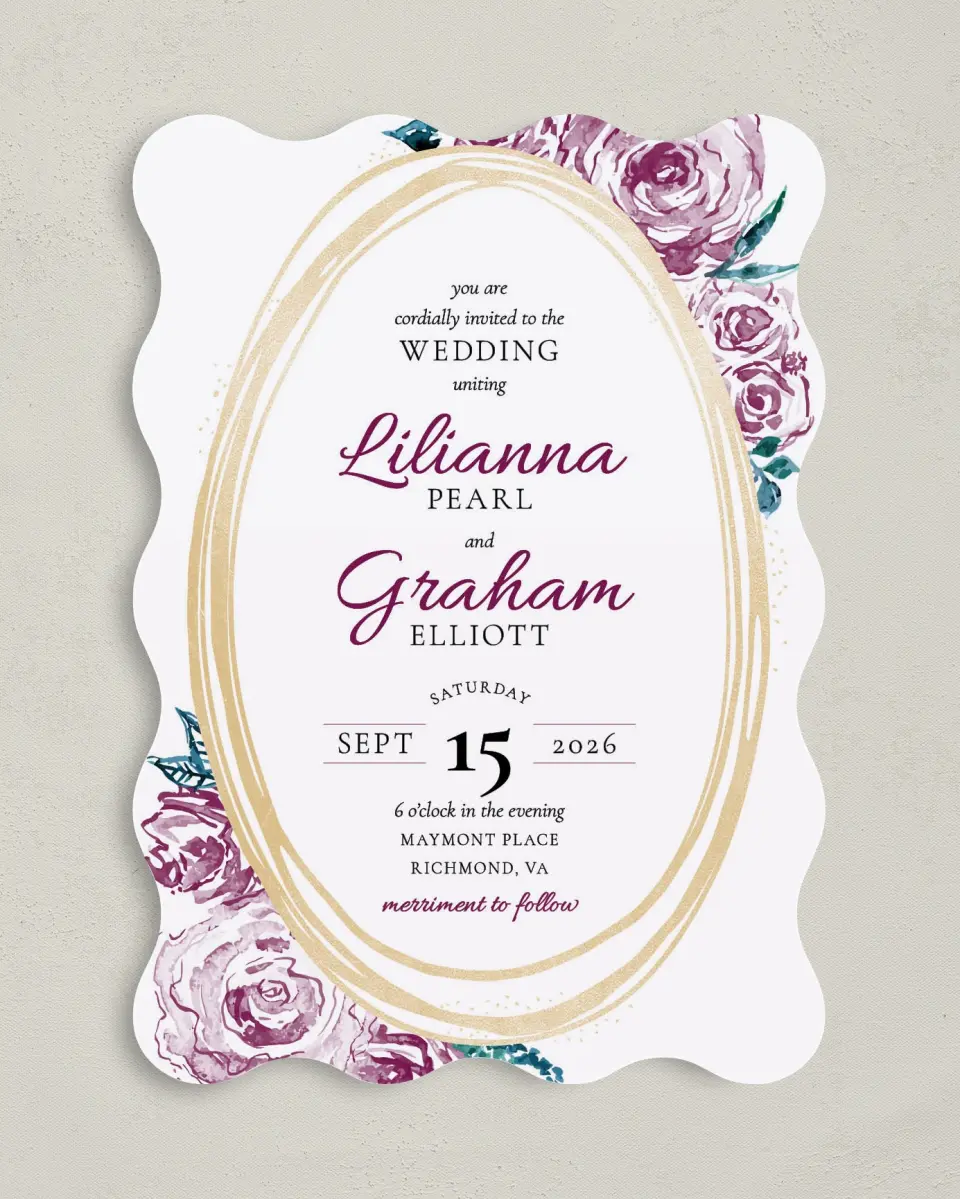 This is a 5" x 7" Wavy Wedding Invitation called Enchanted Bliss printed in full color on Premium Smooth paper