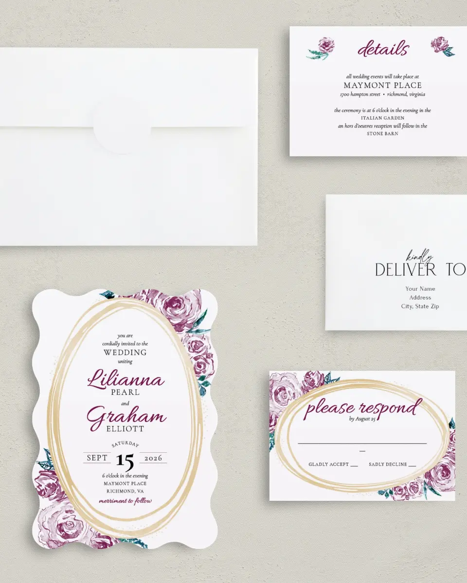 This is a 5" x 7" Wavy Wedding Invitation called Enchanted Bliss printed in full color with Gold foil on Luxe Satin (coated) paper