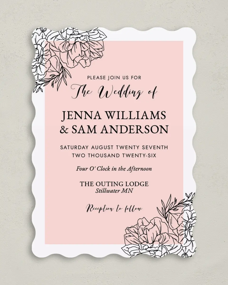 This is a 5" x 7" Wavy Wedding Invitation called Love's Whisper printed in full color on Premium Smooth paper