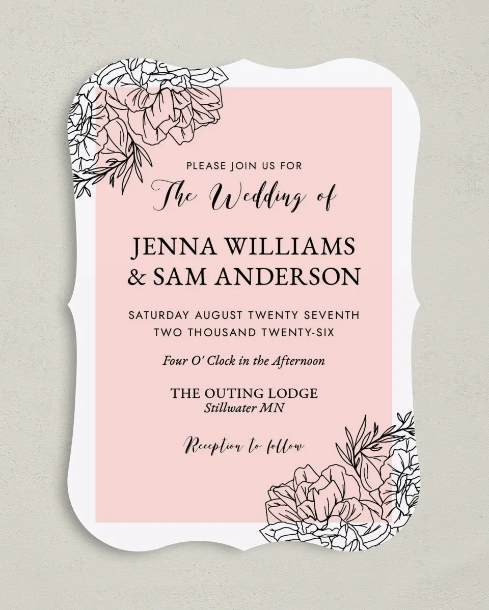 This is a 5" x 7" Bracket Wedding Invitation called Love's Whisper printed in full color with Silver foil on Luxe Satin (coated) paper
