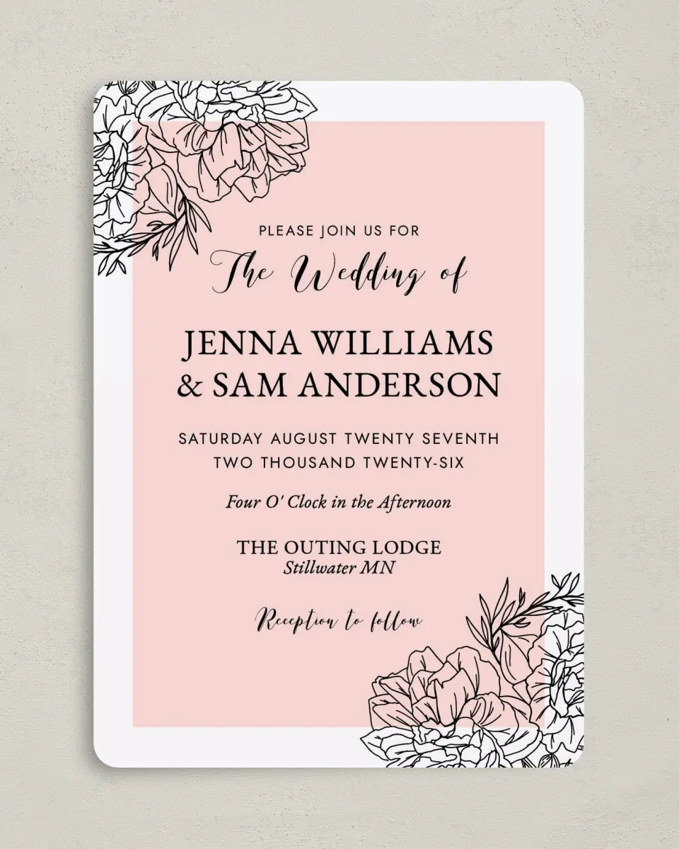 This is a 5" x 7" Rounded Wedding Invitation called Love's Whisper printed in full color on Premium Smooth paper