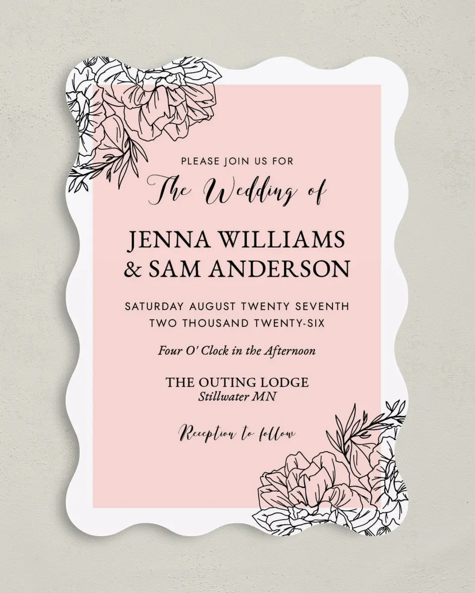 This is a 5" x 7" Wavy Wedding Invitation called Love's Whisper printed in full color on Premium Smooth paper