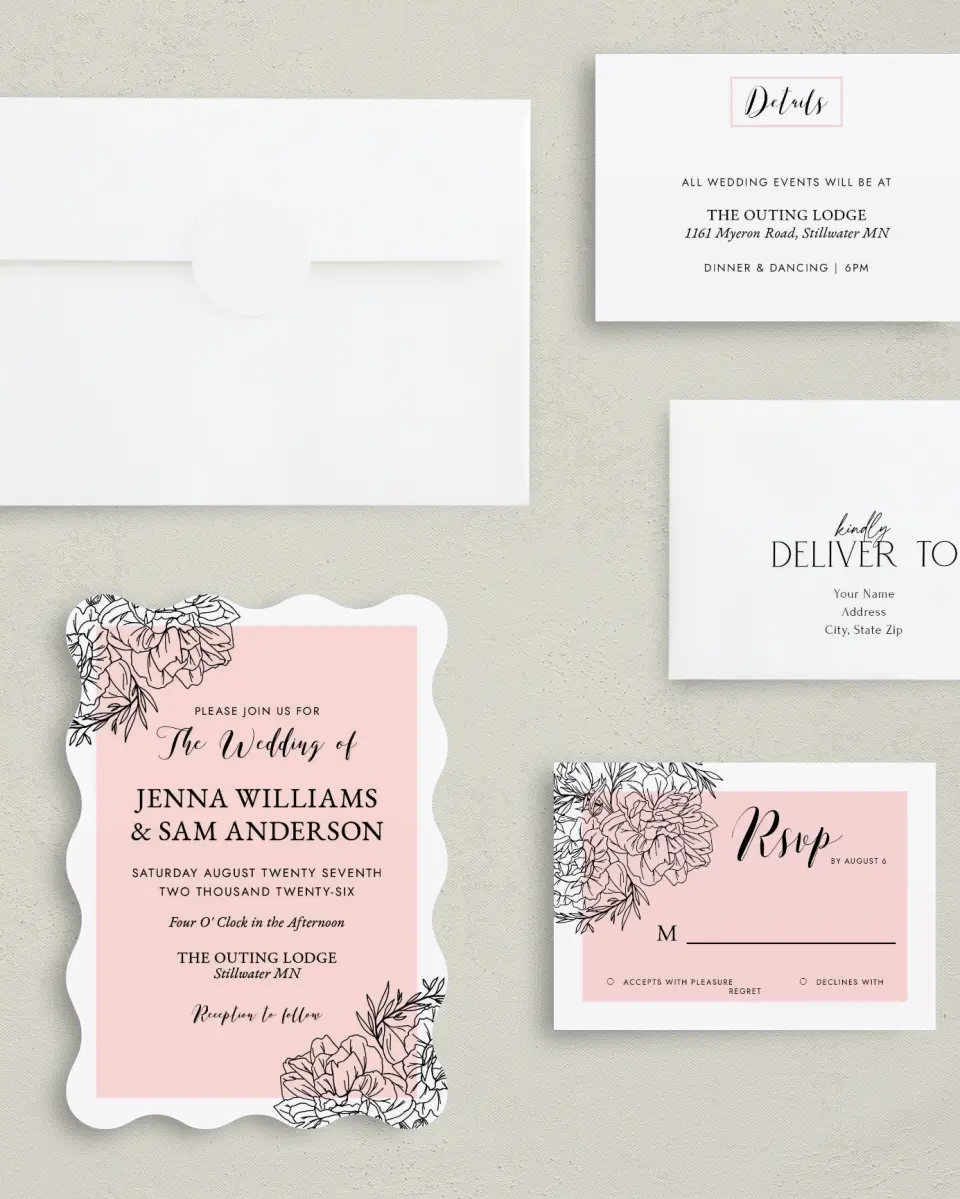 This is a 5" x 7" Wavy Wedding Invitation called Love's Whisper printed in full color with Silver foil on Luxe Satin (coated) paper